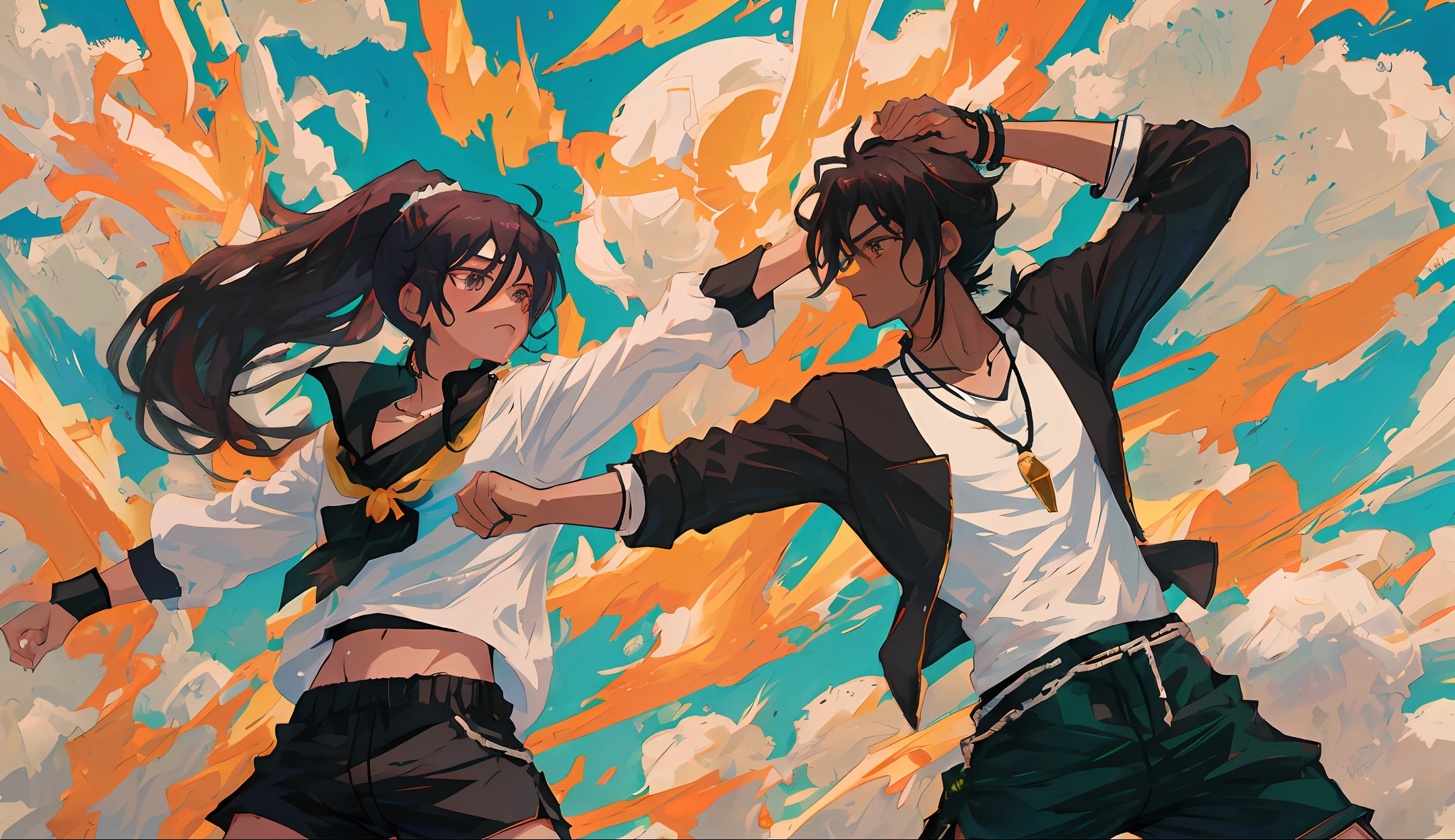 Anime style, a young man with short black hair, wearing a necklace around his neck, wearing white sleeves and black shorts, a woman with a single ponytail and black silk shawl hit the young man on the head with his fist.