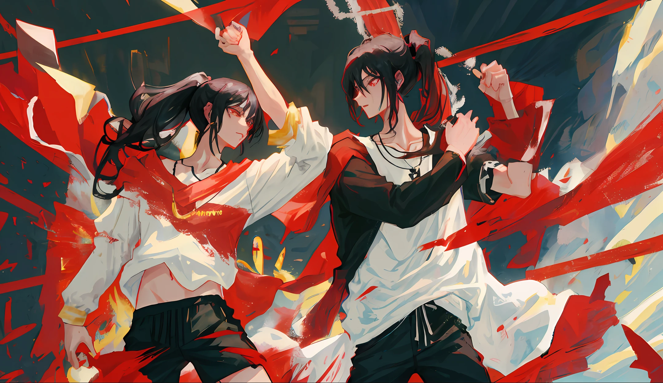 Anime style, a young man with short black hair, wearing a necklace around his neck, wearing white sleeves and black shorts, a woman with a ponytail and black silk shawl hit the young man's head with his fist, the young man's arm was covered with bloodstains, and the wound was bleeding.