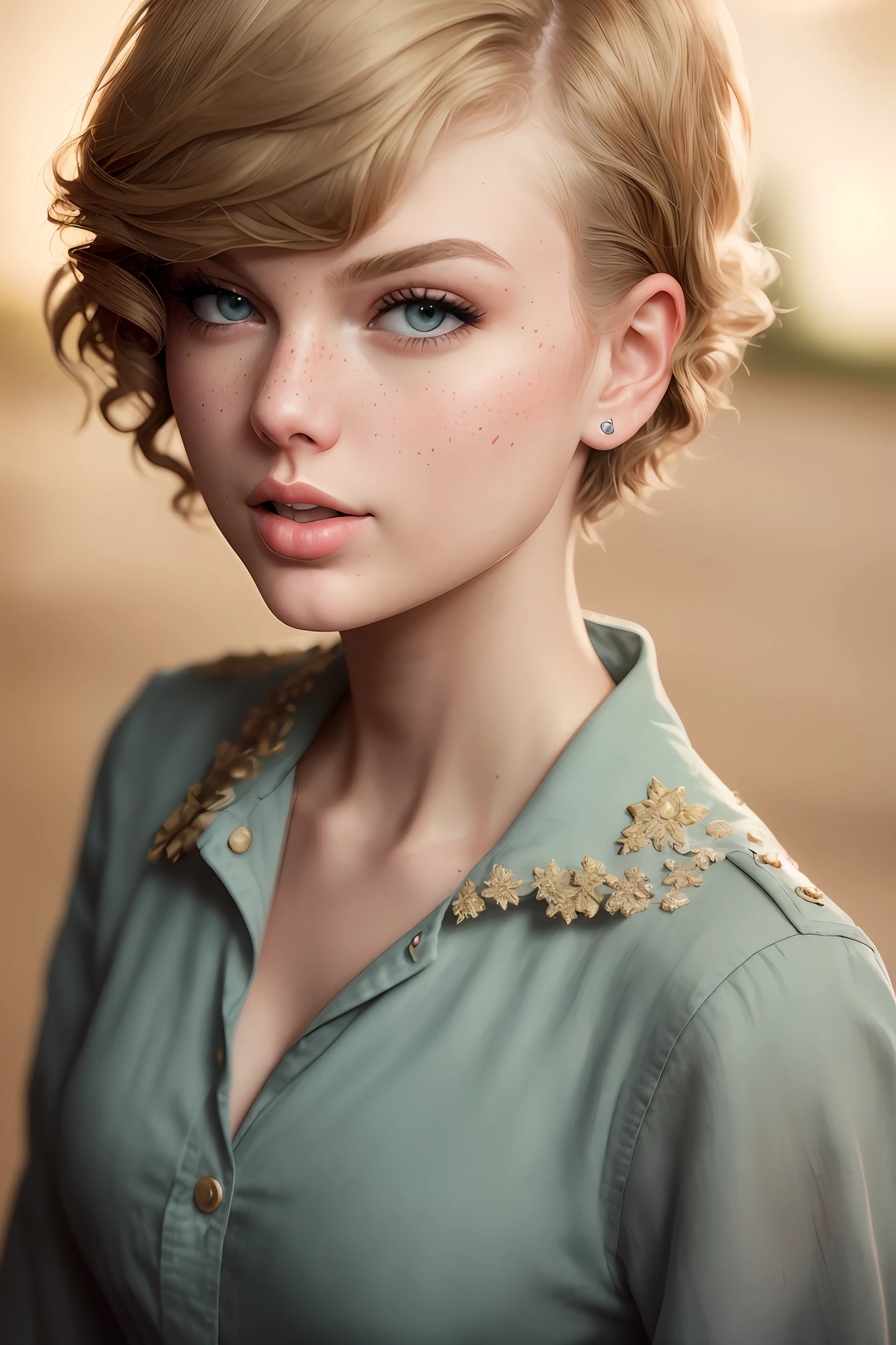 Highest quality, (dramatic lighting: 0.7), masterpiece, high angle shot, RAW photo (pale Taylor Swift with short hair, looking up at viewer), cute, (in tattered battle suit, disheveled), (standing on a playground ), full body portrait, perfect face, stunning eyes, vivid detail, (highly detailed skin), freckles, sfw, (blue tint:0.6), (dirty:0.8), (bloody:0.7), key lighting, ( backlighting: 0.5 ), depth of field, Canon 5D, 50mm lens, F/4 aperture, (super detail, intricate detail), sharp focus, soft colors, 8k, absurdity, 8mm film grain, war photography