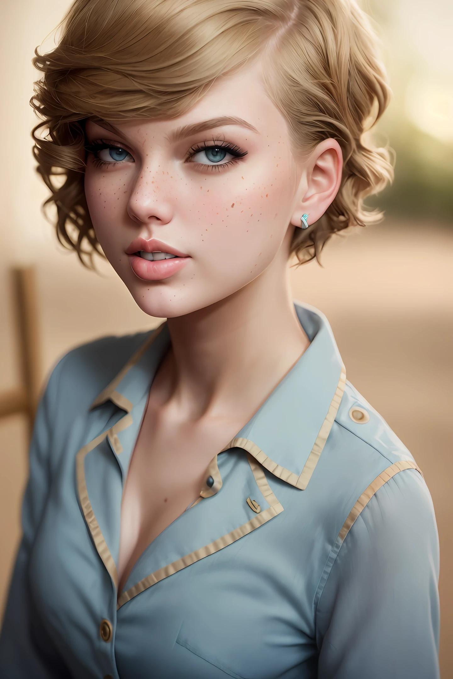 Highest quality, (dramatic lighting: 0.7), masterpiece, high angle shot, RAW photo (pale Taylor Swift with short hair, looking up at viewer), cute, (in tattered battle suit, disheveled), (standing on a playground ), full body portrait, perfect face, stunning eyes, vivid detail, (highly detailed skin), freckles, sfw, (blue tint:0.6), (dirty:0.8), (bloody:0.7), key lighting, ( backlighting: 0.5 ), depth of field, Canon 5D, 50mm lens, F/4 aperture, (super detail, intricate detail), sharp focus, soft colors, 8k, absurdity, 8mm film grain, war photography