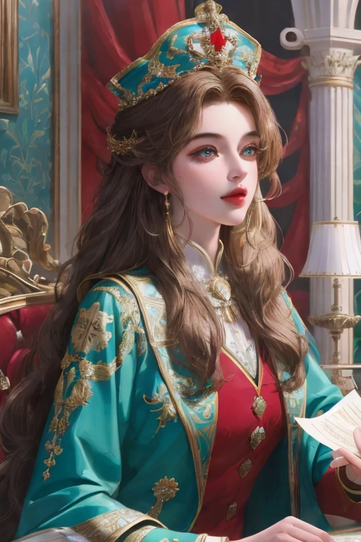 (very detailed, high-quality CG pictures), the highest quality depiction, ultra-detailed, highest quality, exquisite style of painting, depicting a 21-year-old mature woman, plump curves, long golden hair, one hidden on the left Blue eyes behind long hair, wearing magician costume, green magic cloak, wearing red cross, fantasy and beautiful background, depth of focus, gorgeous magic, ambilight