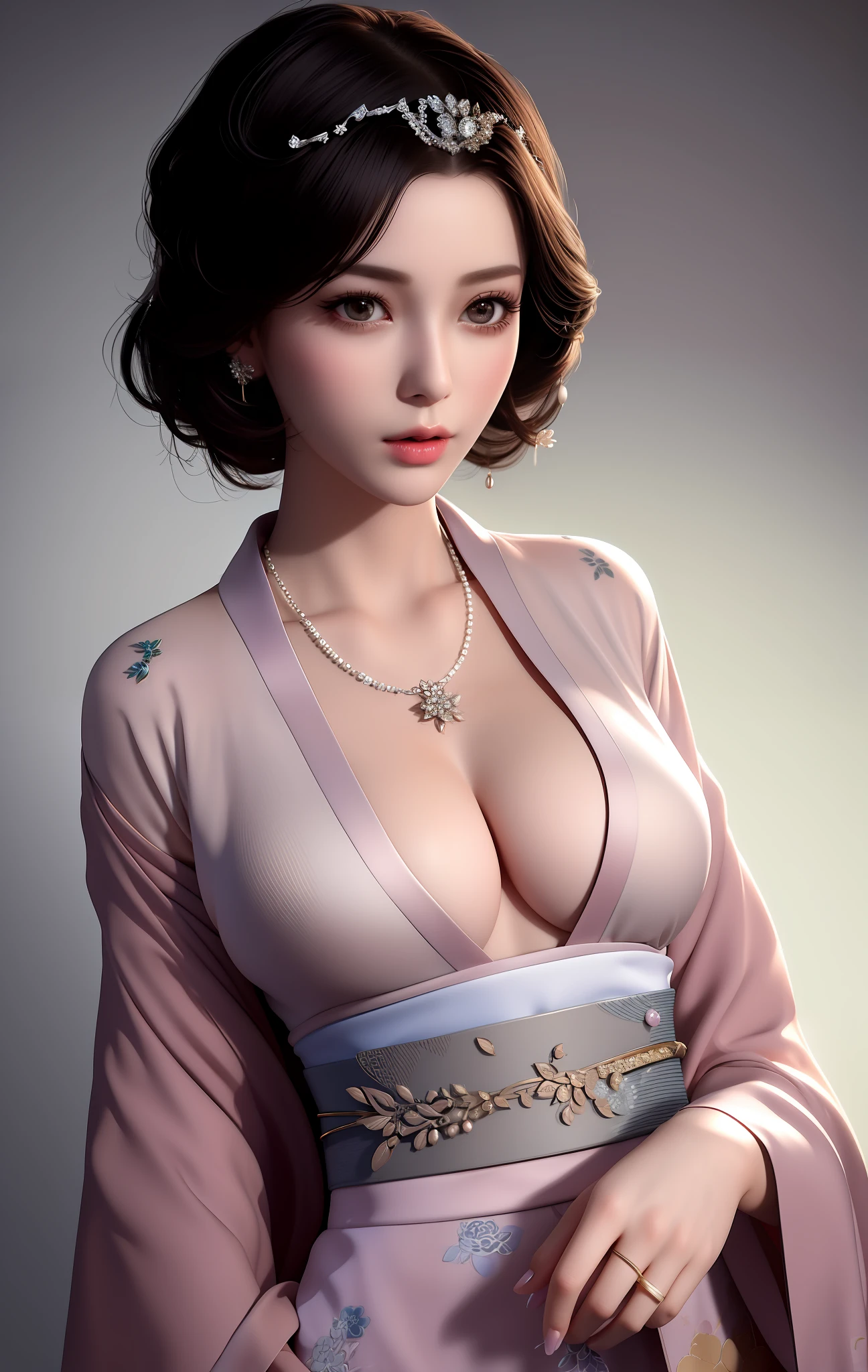 Best Quality, Masterpiece, High Resolution, 1 Girl, Porcelain Dress, Hair Accessories, Necklace, Jewelry, Beautiful Face, Physical, Tyndall Effect, Realistic, Dark Studio, Rim Lighting, Duotone Lighting, (High Detailed skin: 1.2), 8k uhd, SLR, soft light, high quality, volumetric light, sneak shot, photo, high resolution, 4k, 8k, bokeh hiqcgbody, Highly detailed RAW color Photo, toned physique, (elegant, beautiful face), (detailed skin), (oil:0.6), (tesla coil:0.4), soft lighting, (side lighting:0.8), shadow casting, deep focus, photographed on a Leica 10772 MP, 85mm macro lens, F/ 8 aperture, film still, (Office Lady, sexy), short hair, fashionable princess, (extremely detailed face) (very detailed and expressive eyes), finely detailed small nipple, exhibitionism, ((china_dress,short_kimono)) ,revealing clothes clothes lift, breasts out