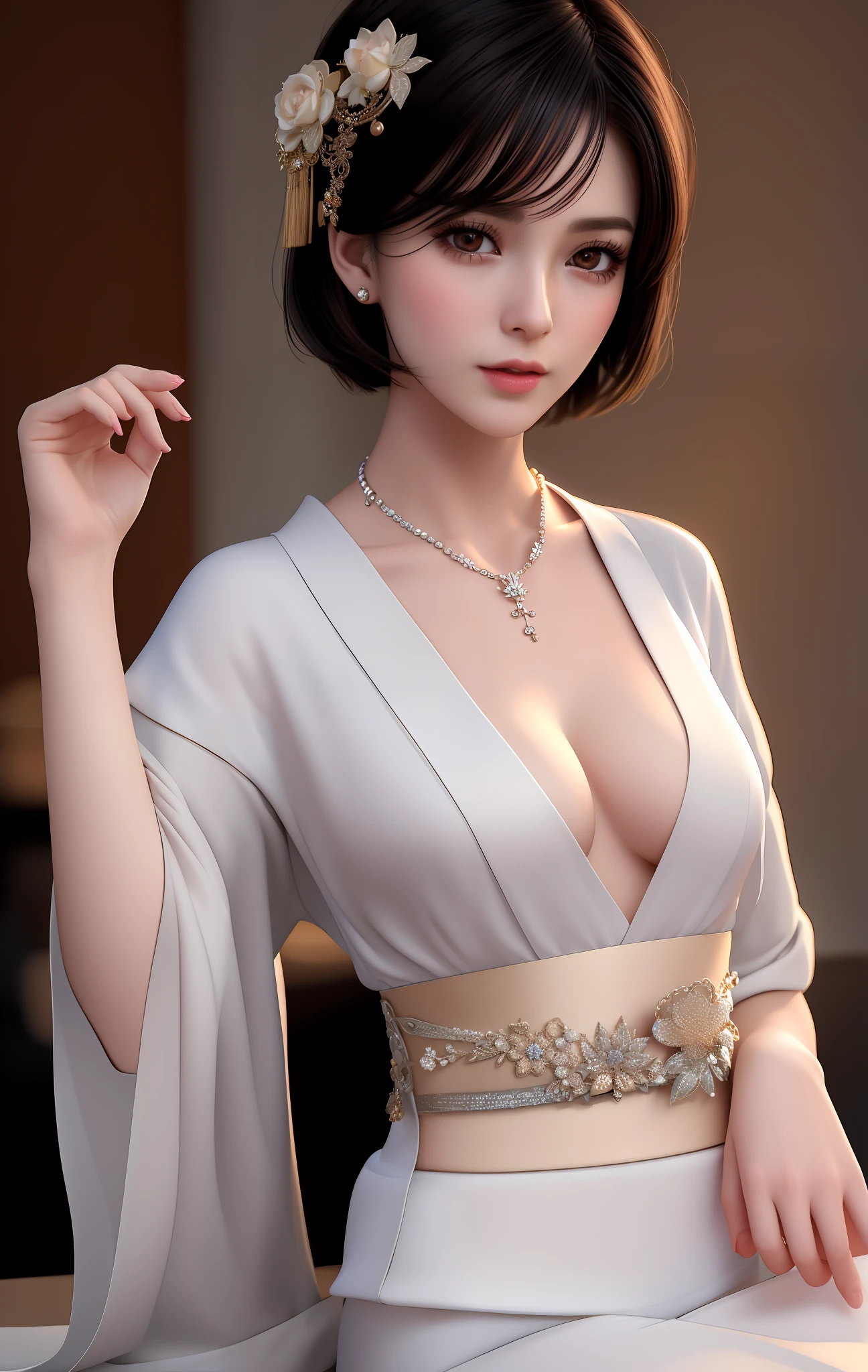 Best Quality, Masterpiece, High Resolution, 1 Girl, Porcelain Dress, Hair Accessories, Necklace, Jewelry, Beautiful Face, Physical, Tyndall Effect, Realistic, Dark Studio, Rim Lighting, Duotone Lighting, (High Detailed skin: 1.2), 8k uhd, SLR, soft light, high quality, volumetric light, sneak shot, photo, high resolution, 4k, 8k, bokeh hiqcgbody, Highly detailed RAW color Photo, toned physique, (elegant, beautiful face), (detailed skin), (oil:0.6), (tesla coil:0.4), soft lighting, (side lighting:0.8), shadow casting, deep focus, photographed on a Leica 10772 MP, 85mm macro lens, F/ 8 aperture, film still, (Office Lady, sexy), short hair, fashionable princess, (extremely detailed face) (very detailed and expressive eyes), finely detailed small nipple, exhibitionism, ((china_dress,short_kimono)) ,revealing clothes clothes lift, breasts out