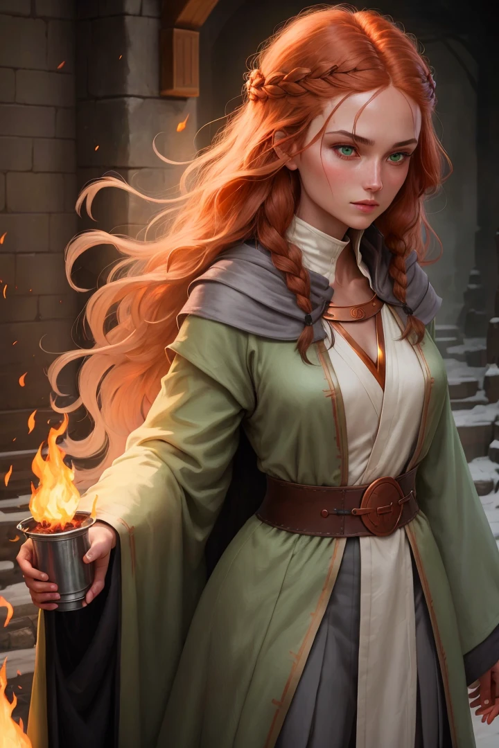 Human female, simple gray robe, fire in hand, flame pin on chest, green eyes, dark gray skin, long copper hair, dungeons and dragons, bust (1.0)