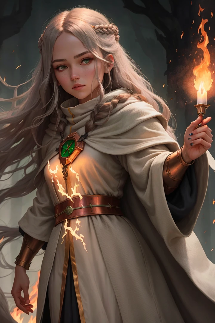 Human female, simple gray robe, with a dangling fire in her hand, a flame pin on her chest, green eyes, dark gray skin, long copper hair, dungeons and dragons, bust (1.0)