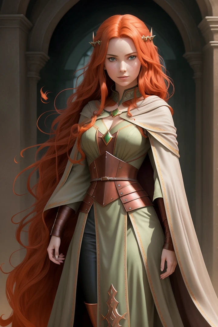Alafite woman with long red hair and cape standing in the doorway, beautiful figure drawing, amazing figure art, charlie beauwater figure art, girl with copper hair, alexandra formina art station, graphic artist magali villeneuve, charandaval, epic and exquisite character art, magali villeneuve', artgerm and atey ghailan, elf ear