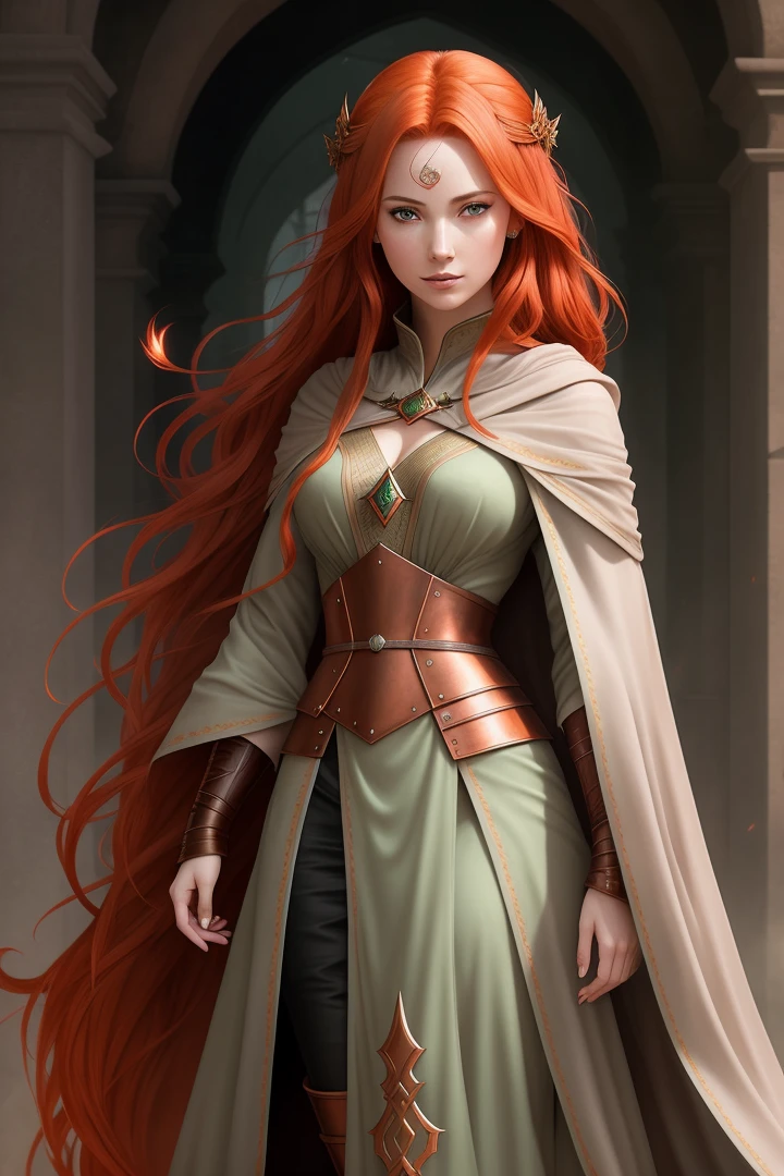 Alafite woman with red hair and cloak, beautiful figure drawing, amazing character art, best quality, high quality CG rendering, extreme detail, copper haired girl, delicate ears and eyes, artist Magali Villeneuve And Artgerm crafted a refined image with an epic feel.