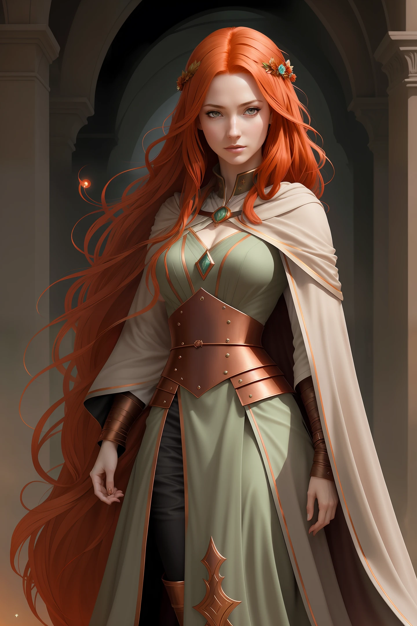 Alafite woman with red hair and cloak, beautiful figure drawing, amazing character art, best quality, high quality CG rendering, extreme detail, copper haired girl, delicate ears and eyes, artist Magali Villeneuve And Artgerm crafted a refined image with an epic feel.