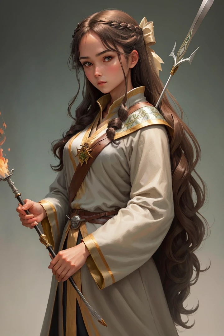 Human female, simple gray robe, bow and arrow on the back, a flame pin on the chest, green eyes, dark gray skin, long brown hair, dungeons and dragons, bust (1.0)