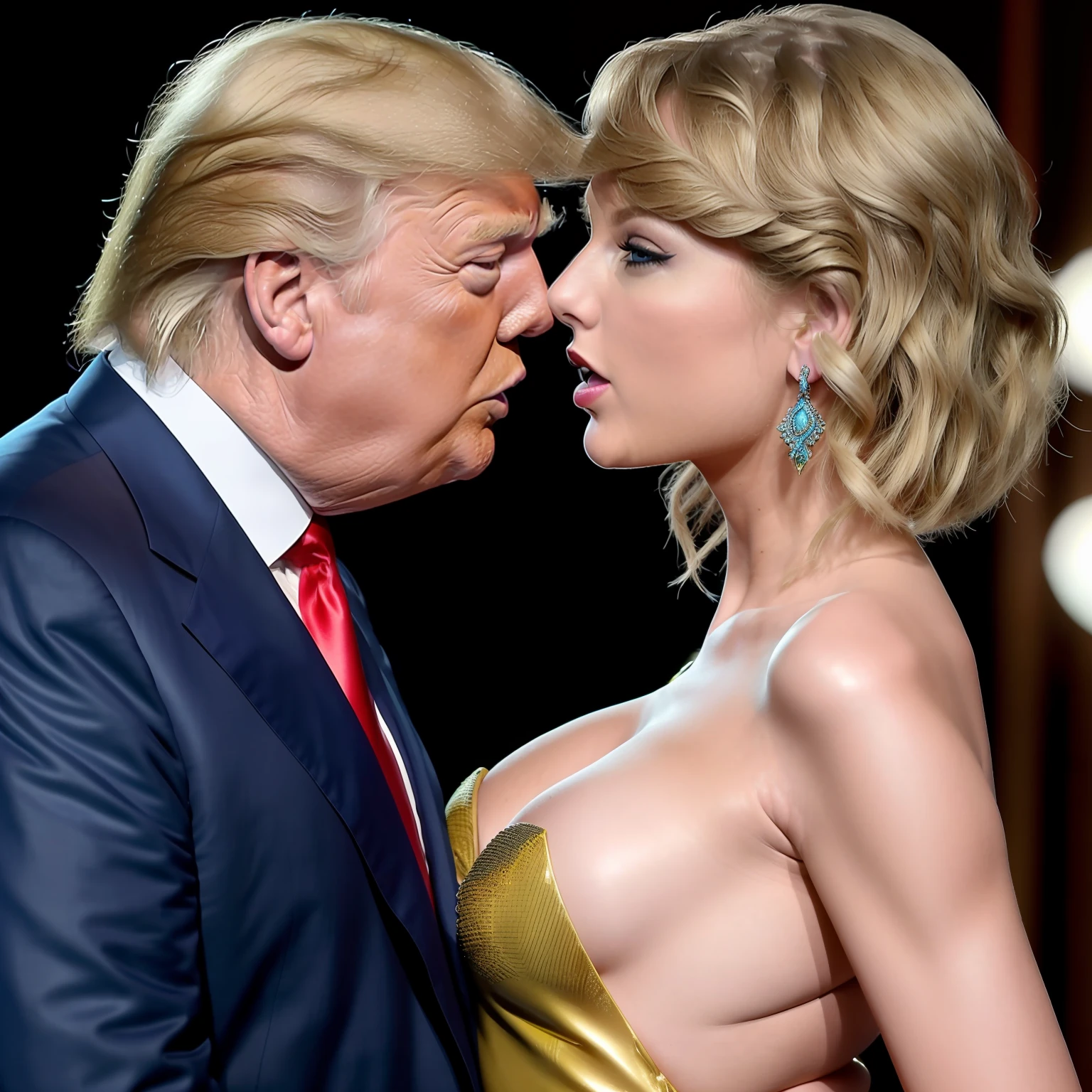 4k, high resolution, masterpiece, best quality, head: 1.3. Donald Trump kiss Taylor Swift inside her lips sexy outfit, hdr, slate atmosphere, cinematic, whole body, finely detailed skin, insane details, hyper real, sharp focus, (cinematic lighting), collarbone, morning, sane light, dynamic angle, [: (detailed face: 1.2): 0.2], Taylor Swift placed her hand on Donald Trump lustfully.