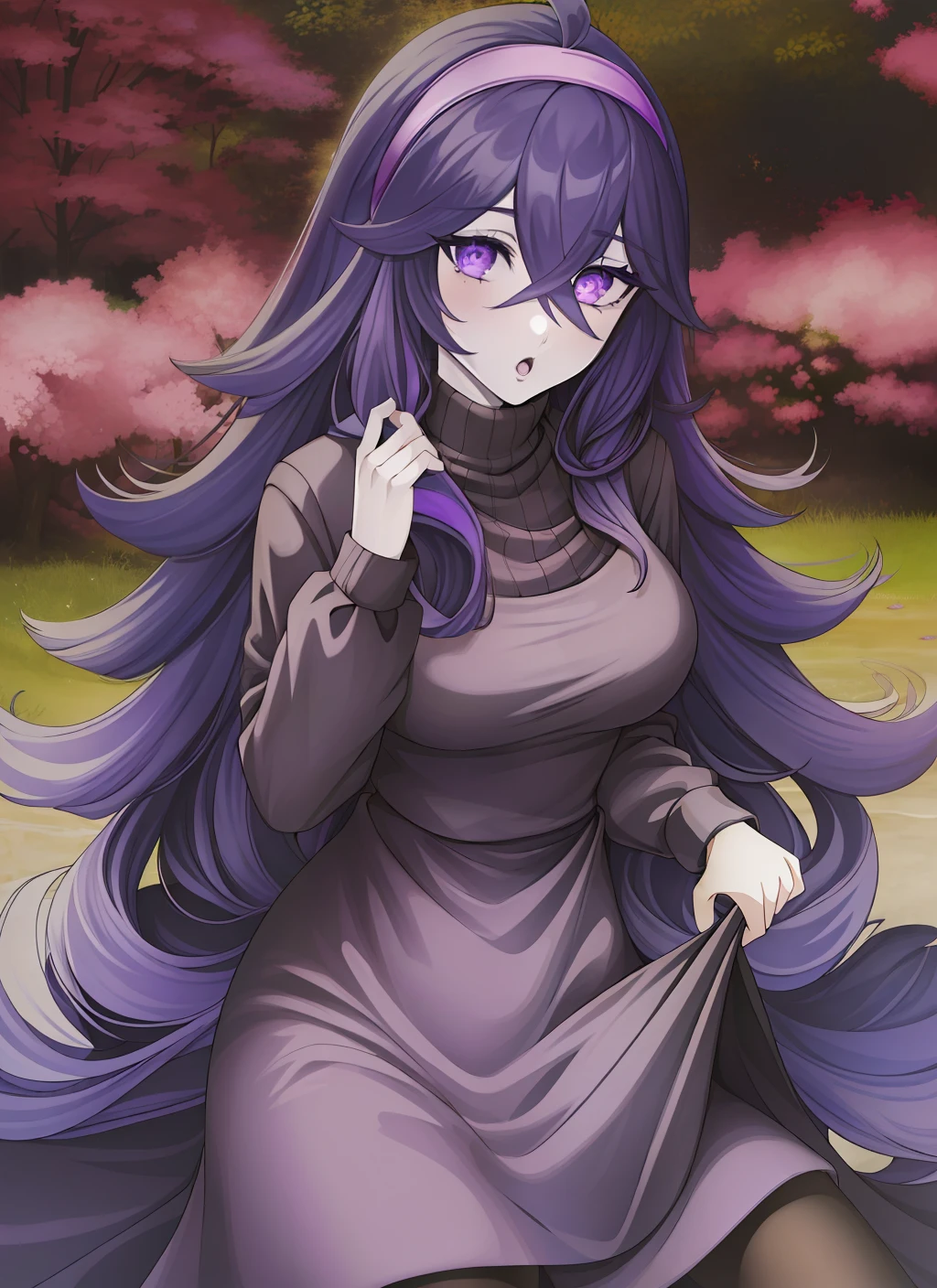 ((best quality)), ((highly detailed)), masterpiece, ((official art)), (detailed eyes, deep eyes), (1girl:1.33), hexmaniacms, ((@.@)), bags under eyes, ahoge, headband, dark purple hair, pale skin, volleyball size breasts, long sleeved turtleneck sweater dress, purple clothes