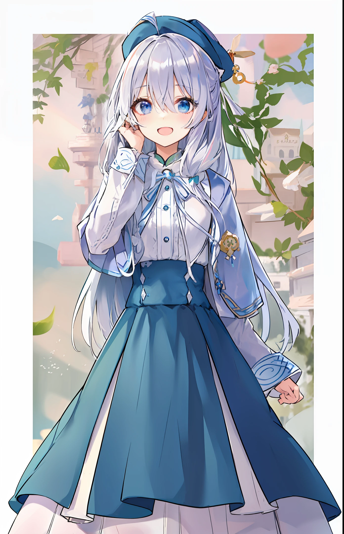 anime girl in a blue and white dress with a blue hat, cute anime waifu in a nice dress, in dress, white haired deity, white dress!! of silver hair, perfect white haired girl, official art, white haired, lolide with anime painter studio, girl with white hair, anime moe artstyle, white-haired, official artwork