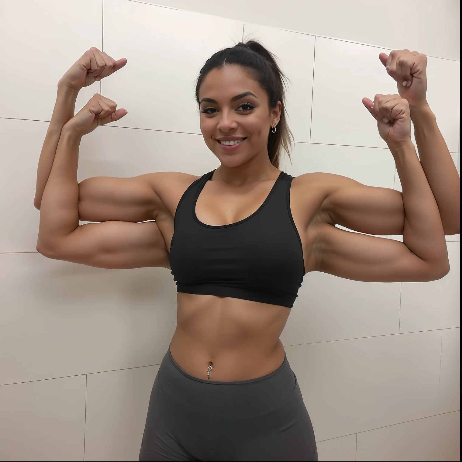 Extra arms, a woman with a black top and gray shorts posing for a picture, curvy arms, incredibly beautiful and tall, showing off biceps, big arms, strong pose, very beautiful, arms extended, flexing arms, 4 arms and 2 legs!, curvy arms, multiple arms