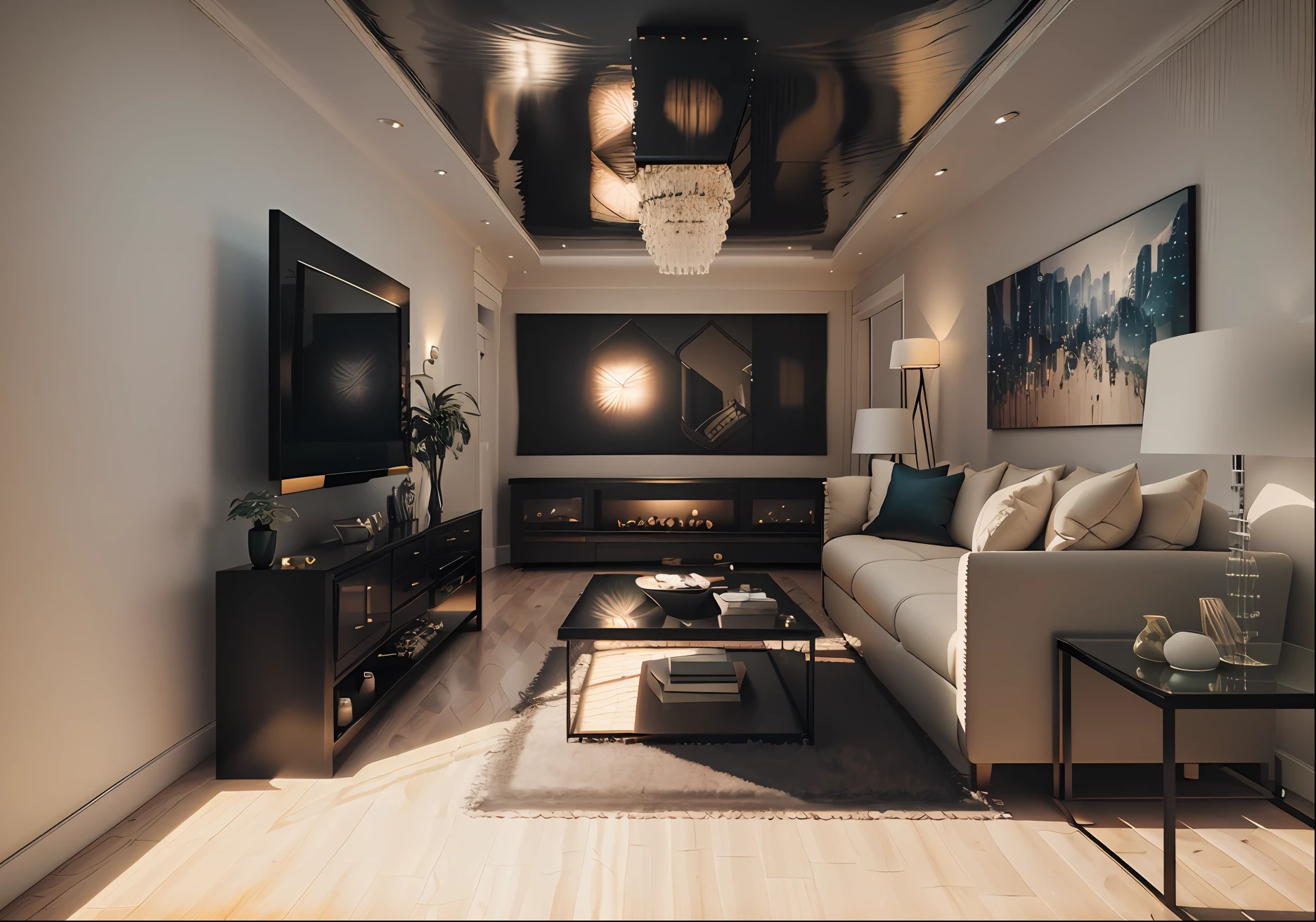 there is a living room with a couch, coffee table, and television, realistic 3 d style, highly detailed 3d render, highly detailed 3 d render, photorealistic cinematic render, realistic afternoon lighting, high quality 3 d render, high quality 3d render, photorealistic room, very realistic 3 d render, realistic cinema 4 d render, hyper realistic style