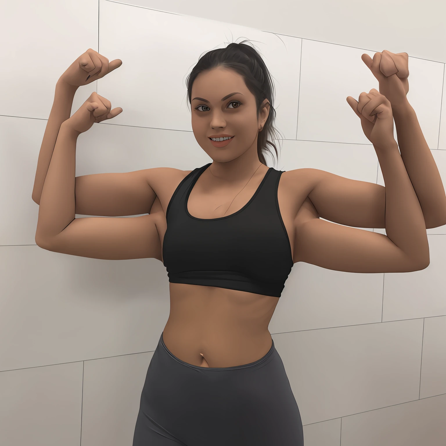 "(Multi-armed:1.2) woman in casual clothes, wearing a t-shirt and leggings, sitting with arms folded and hugging knee, featuring four arms and making a double v, double peace sign, and mudra gesture, shot from above with eye contact to the viewer. Realistic style."