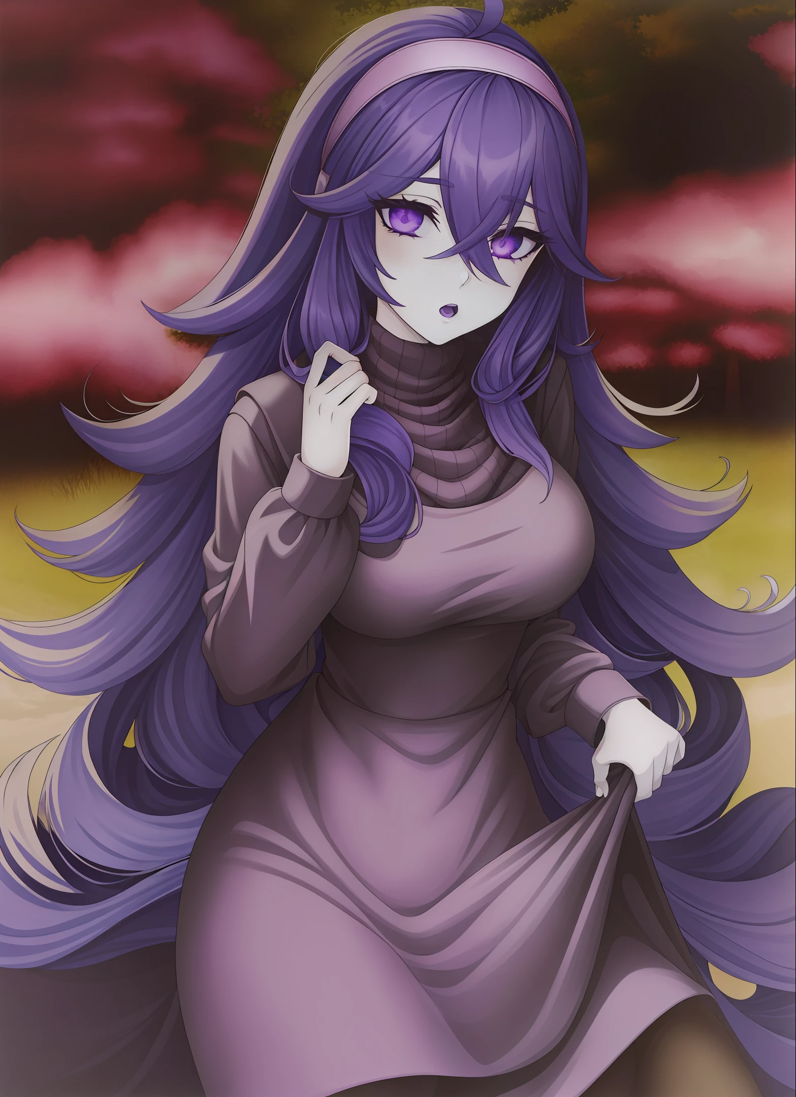 ((best quality)), ((highly detailed)), masterpiece, ((official art)), (detailed eyes, deep eyes), (1girl:1.33), hexmaniacms, ((@.@)), perky boobs, cartoonishly big boobs, bags under eyes, ahoge, headband, dark purple hair, pale skin, balloon breasts, wider body, thick thighs, long sleeved turtleneck sweater dress, purple clothes, silky clothes