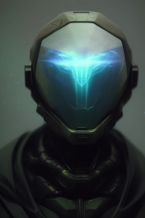 halo (8k, RAW photo, best quality, masterpiece, realistic, photorealistic: 1.35), dark studio, two tone lighting, black humanoid mecha, mech concept, symmetry position, holy, holo behind head ((mask full, glass mask, glowing from within)), glowing cut lines, water drop on mechanism, moisture, HC alphabet logo on shoulder, facing front, concept art, zbrush, artstation, by Peter Mohrbacher , by Alphonse Mucha, unreal engine, octanerender, grain