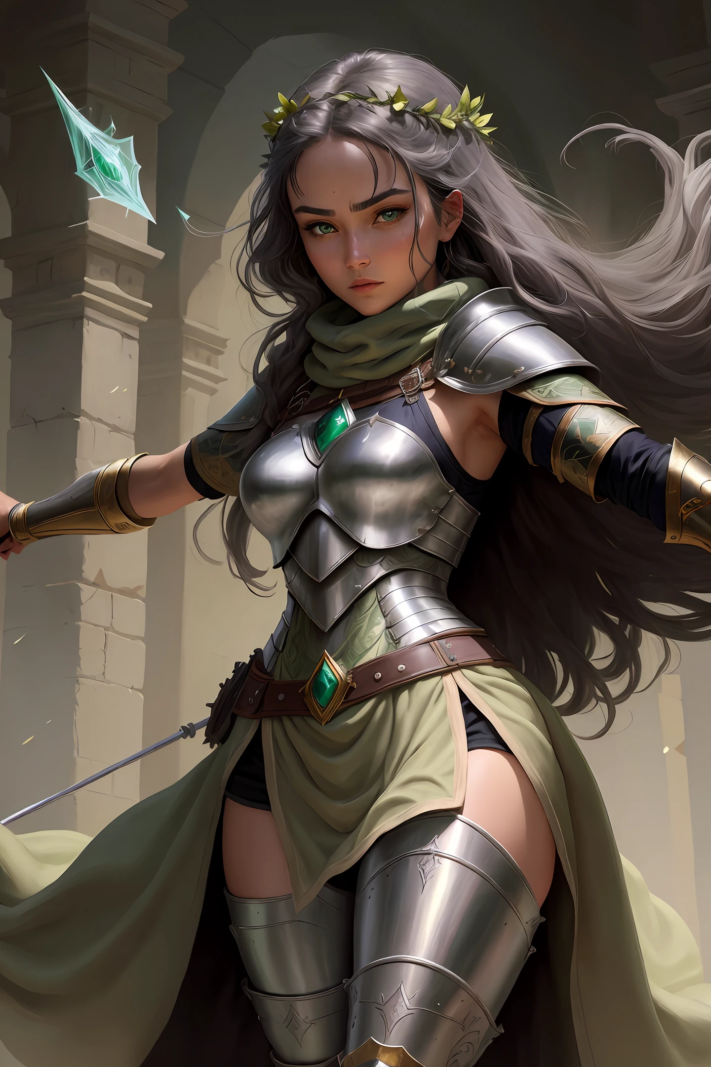 A bust with extremely high-definition details, showing a human woman with a longbow on her back, wearing a gray robe, trousers, and strong armor. Her unique green eyes and dark gray skin are unforgettable. The background combines the ancient magic of Dungeons and Dragons, showing the special spirit of indomitable, brave and good at fighting. knee pants