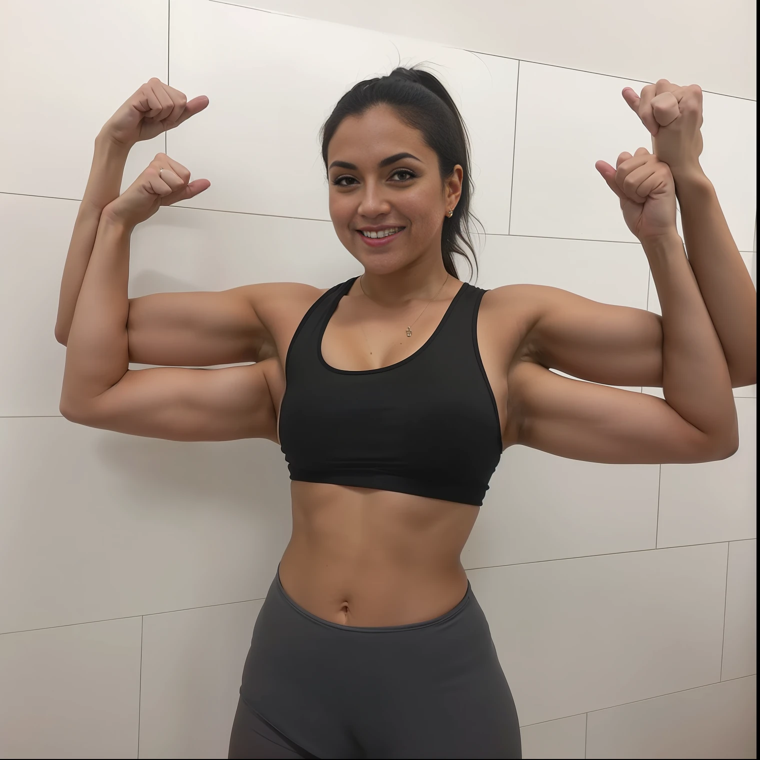 Extra arms, a woman with a black top and gray shorts posing for a picture, curvy arms, incredibly beautiful and tall, showing off biceps, big arms, strong pose, very beautiful, arms extended, flexing arms, 4 arms and 2 legs!, curvy arms, multiple arms, armpits fused to shoulders.