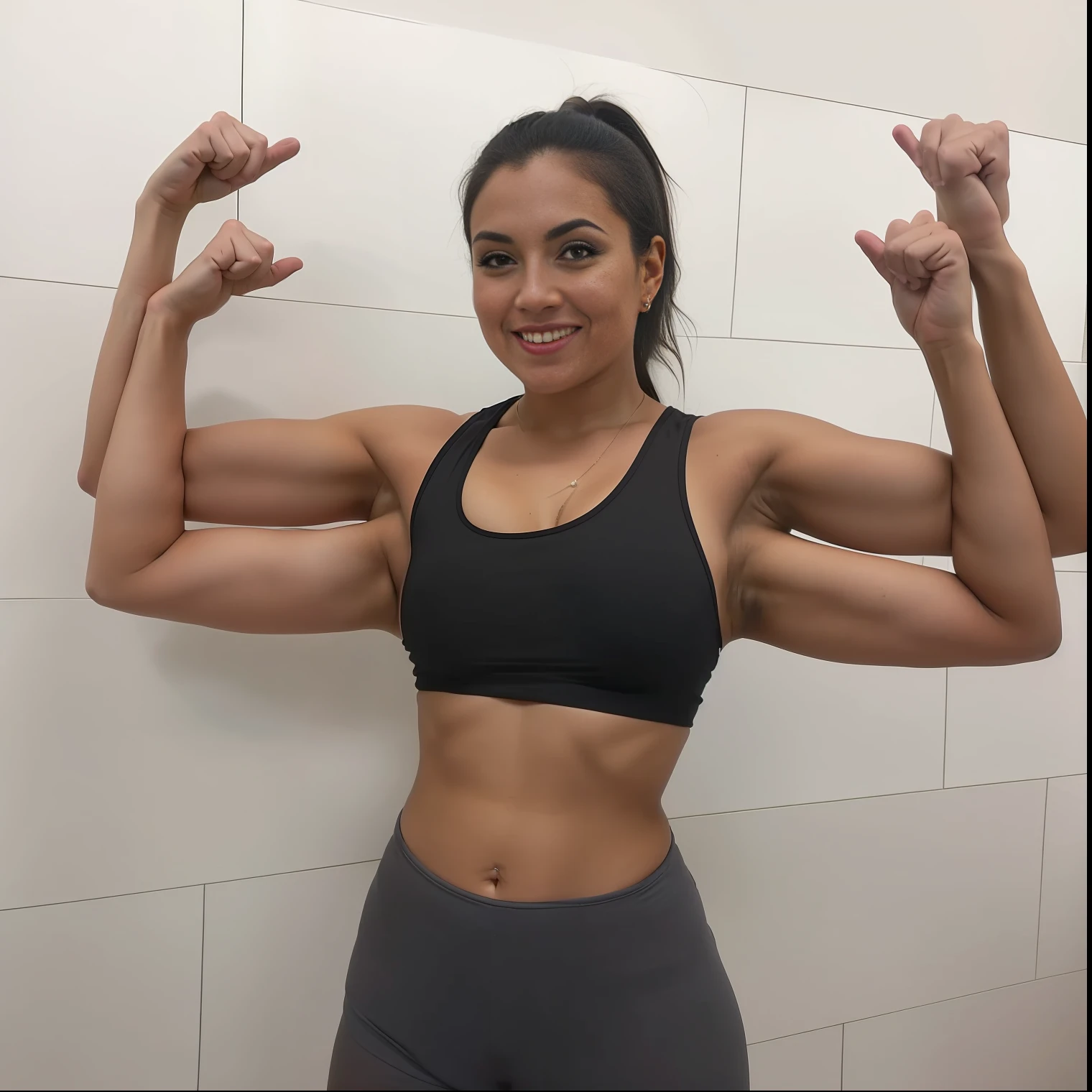 Extra arms, a woman with a black top and gray shorts posing for a picture, curvy arms, incredibly beautiful and tall, showing off biceps, big arms, strong pose, very beautiful, arms extended, flexing arms, 4 arms and 2 legs!, curvy arms, multiple arms, armpits fused to shoulders.