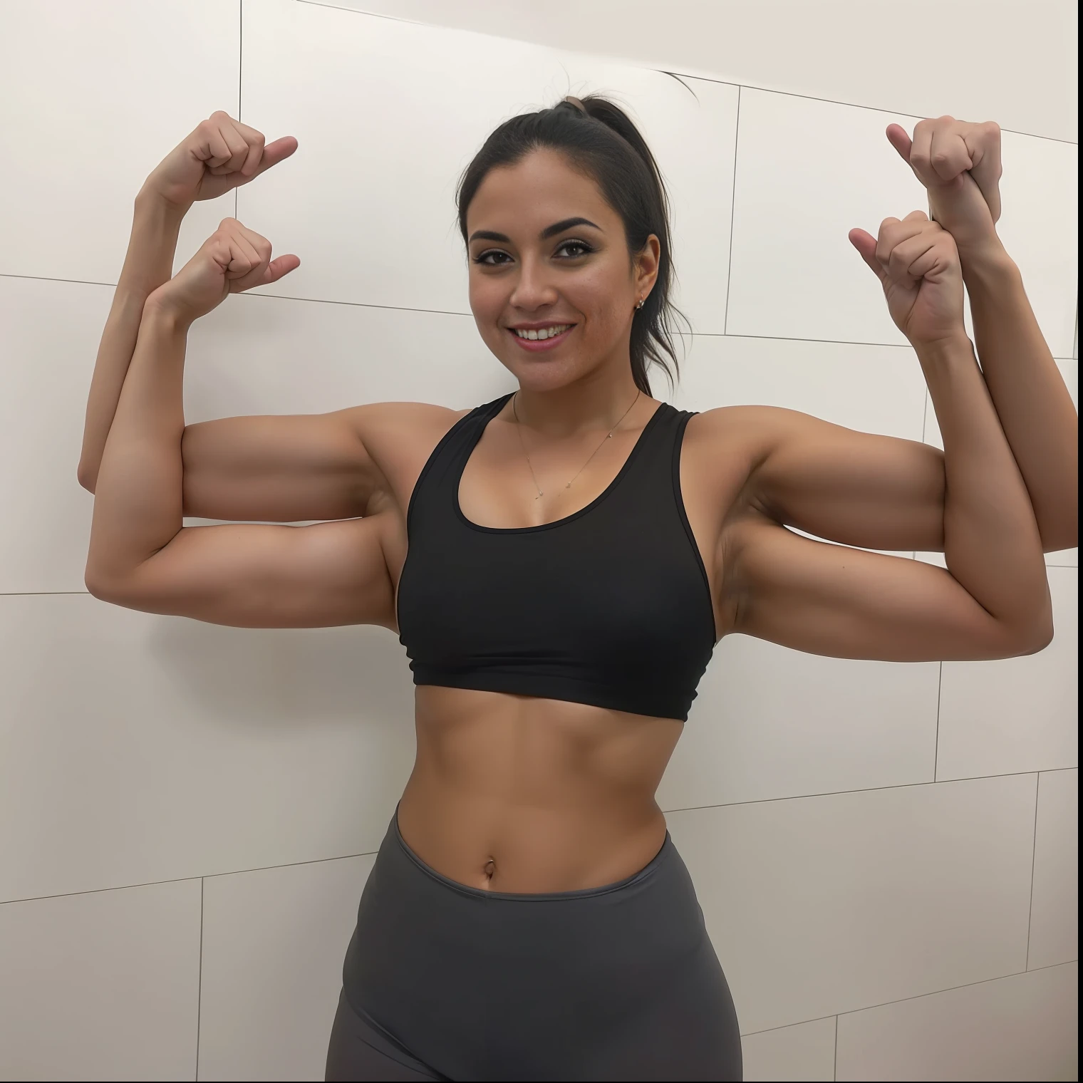 Extra arms, a woman with a black top and gray shorts posing for a picture, curvy arms, incredibly beautiful and tall, showing off biceps, big arms, strong pose, very beautiful, arms extended, flexing arms, 4 arms and 2 legs!, curvy arms, multiple arms, armpits fused to shoulders.