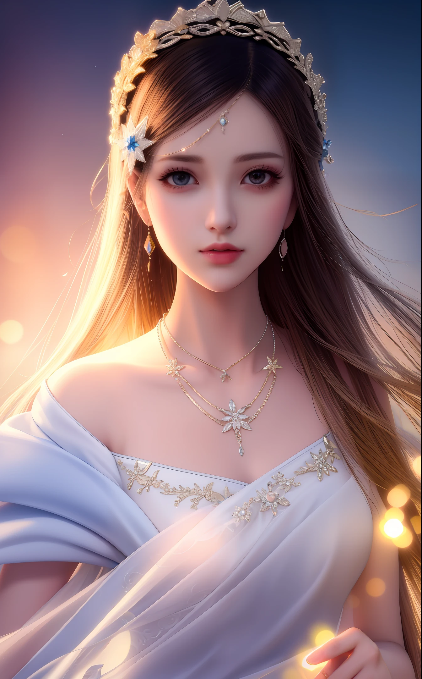Best Quality, Masterpiece, High Resolution, 1girl, Porcelain Dress, Hair Accessories, Necklace, Jewelry, Pretty Face, On_Body, Tyndall Effect, Riverside, Edge Lighting, (High Deail Lighting: 1.2), 8k uhd, dslr, Soft light, high quality, volume light, photo, high resolution, 4k, 8k, bokeh