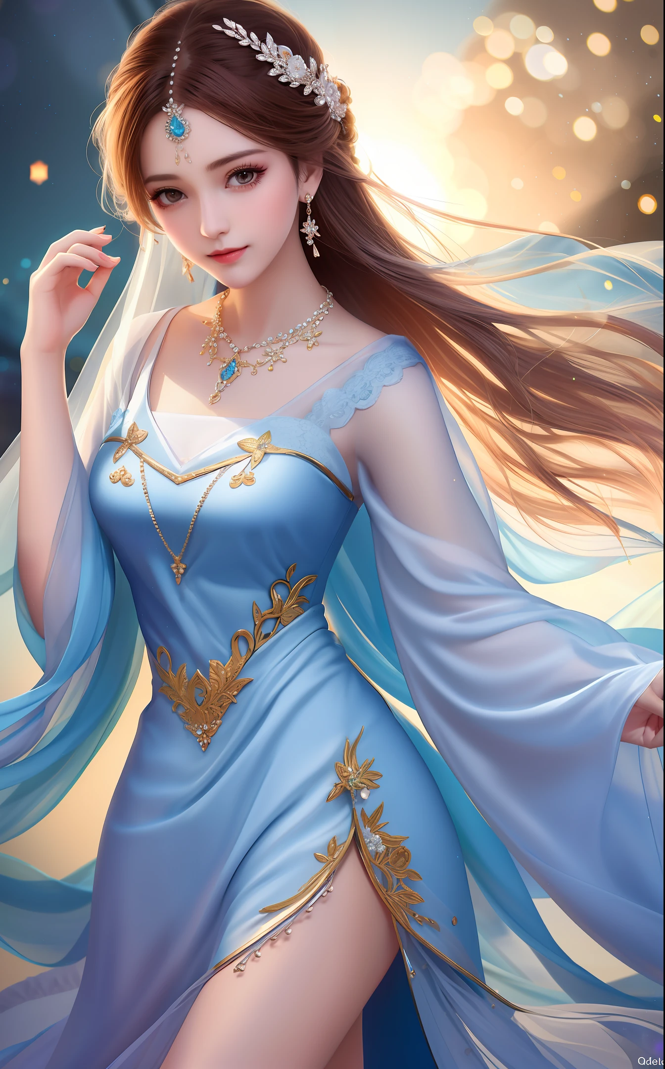 Best Quality, Masterpiece, High Resolution, 1girl, Porcelain Dress, Hair Accessories, Necklace, Jewelry, Pretty Face, On_Body, Tyndall Effect, Riverside, Edge Lighting, (High Deail Lighting: 1.2), 8k uhd, dslr, Soft light, high quality, volume light, photo, high resolution, 4k, 8k, bokeh