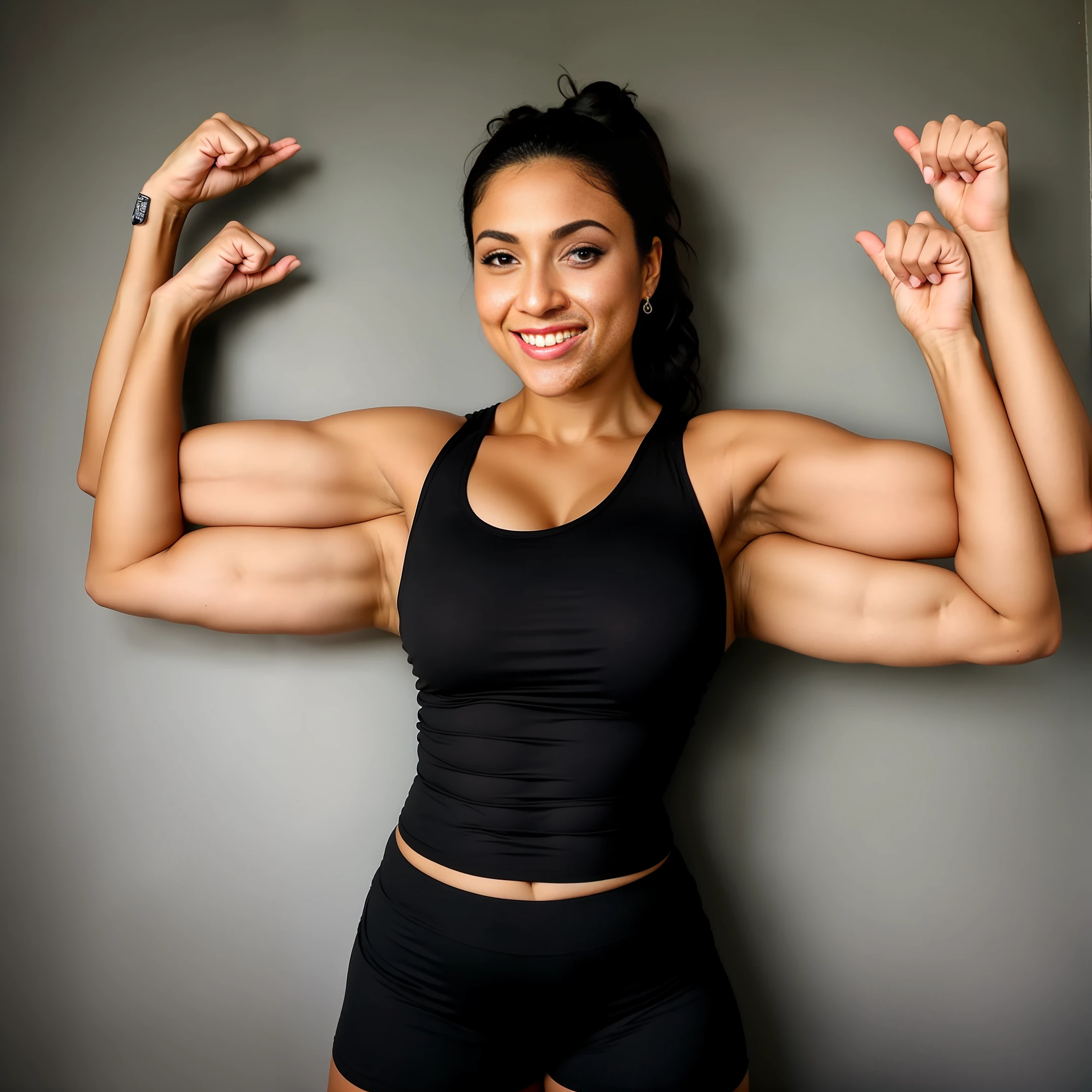 Extra arms, a woman with a black top and gray shorts posing for a picture, curvy arms, incredibly beautiful and tall, showing off biceps, big arms, strong pose, very beautiful, arms extended, flexing arms, 4 arms and 2 legs!, curvy arms, multiple arms, armpits fused to shoulders, normal hands, hands in fist, medium breast,latina