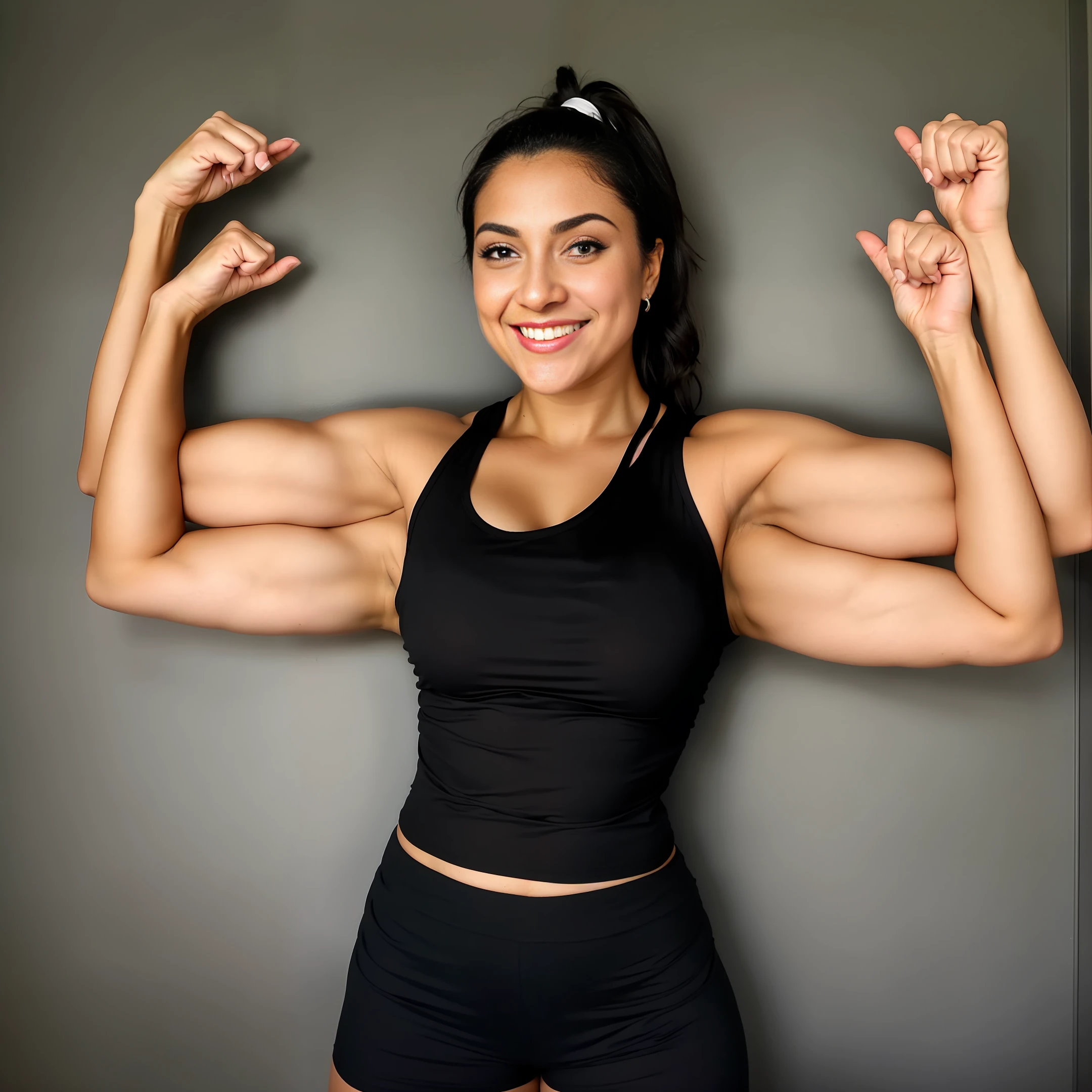 Extra arms, a woman with a black top and gray shorts posing for a picture, curvy arms, incredibly beautiful and tall, showing off biceps, big arms, strong pose, very beautiful, arms extended, flexing arms, 4 arms and 2 legs!, curvy arms, multiple arms, armpits fused to shoulders, normal hands, hands in fist, medium breast,latina