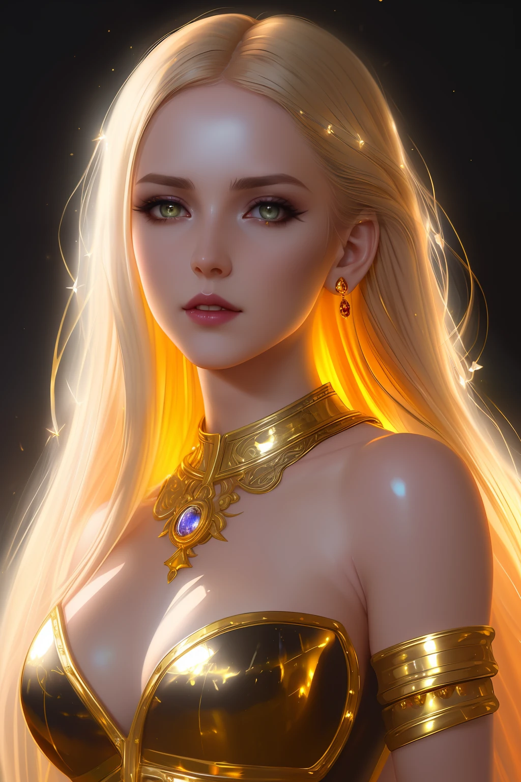 (8k, RAW photo, best quality, masterpiece:1.2), modelshoot style, (dark shot:1.5), Stunningly attractive woman with blonde soft hair, (victorian style:1.2), victorian dress high detailed and intricate, long curly hair, dramatic pose, (soft warm skin with wax effect:1.3), pastel, (glossy lips and the tip of the nose with bright small glare:1.4), (bright highlights:1.6), detailed eyes, (soft volumetric light:1.5), (subsurface scattering:1.5), wax, (night light:1.6), global illumination, Soft Shadows, (dark background with cool lighting:1.0), bokeh, Charlie Bowater, stanley artgerm lau, a detailed painting, fantasy art, artstation, trending on Artstation, art like midjourney and Rutkowski, hyperdetailed, insane details, intricate details, (oil painting:1.5), (digital art:1.5), glare on the corneas of the eyes, round pupils, refraction, screen space reflections, screen space ambient occlusion, (hdr:1.4), full body shot, (gold jewelry with amber gems:1.1)