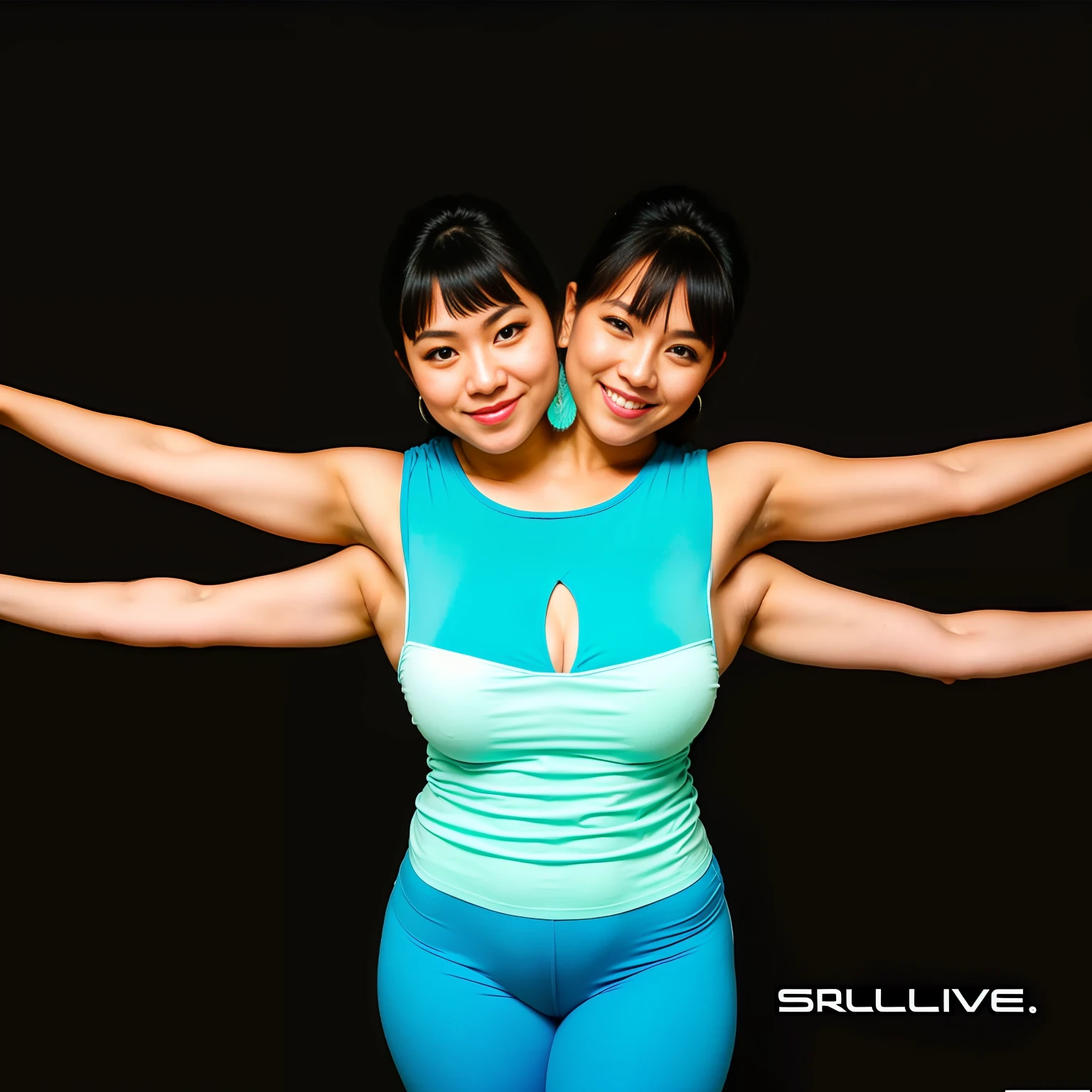 Extra arms, a woman posing for a picture, blue tank top, curvy arms, incredibly beautiful, strong pose, very beautiful, arms to the side, 4 arms and 2 legs!, curvy arms, multiple arms, armpits fused to shoulders, normal hands, slender body, vietnamese