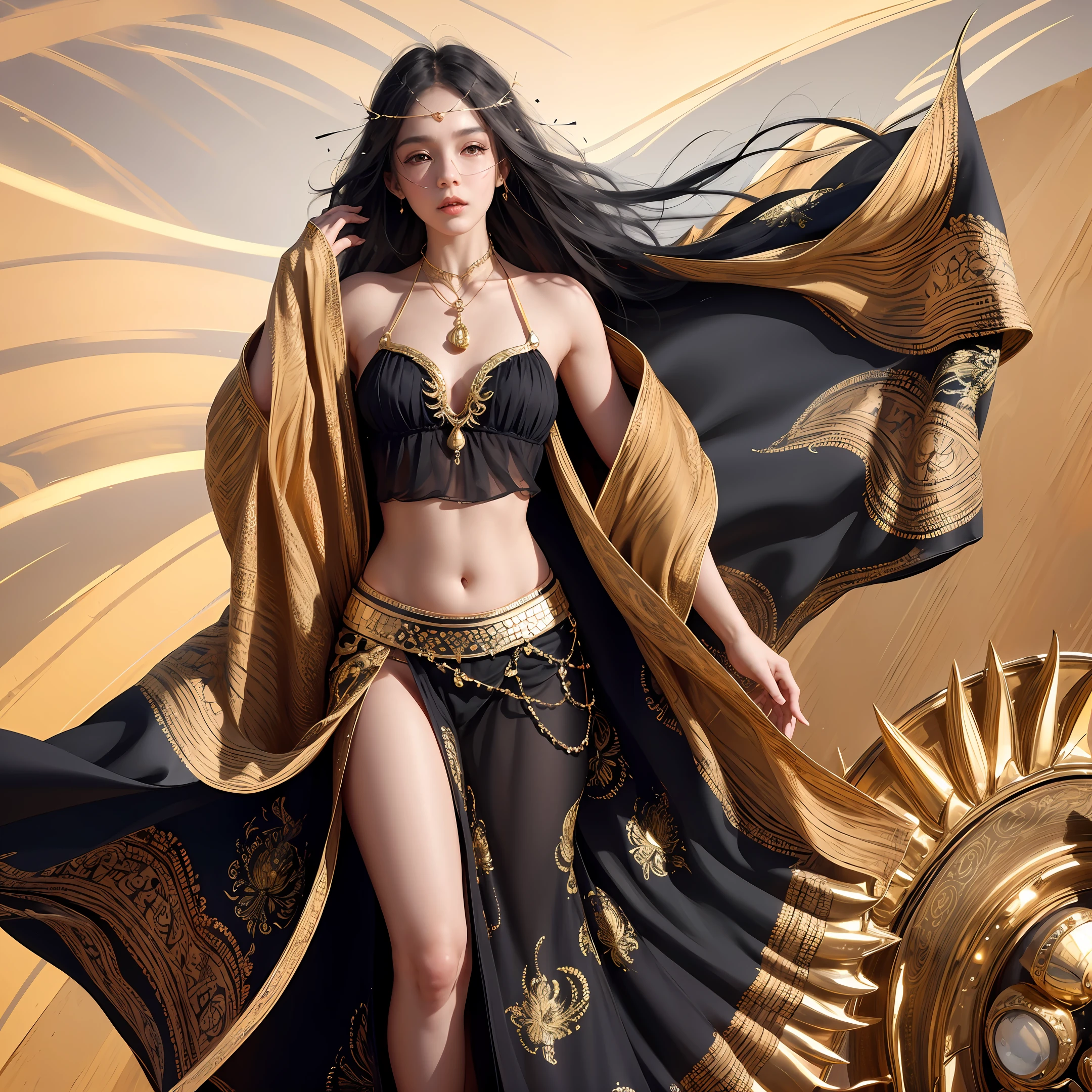 stunningly beautiful (aeolian:1.5) wlop perfect full  HDR body black hair and dress princess exposed midriff