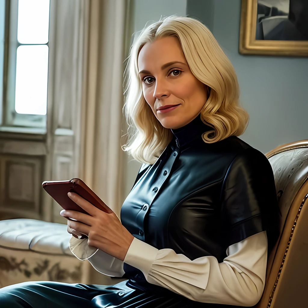 portrait of a 48-year-old blonde French woman from 1940, period dress, genuine leather, sitting takes a selfie like a smartphone, (living room with period furniture, moody soft light: 1.2)