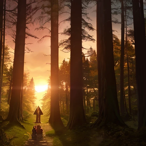 A fantasy adventure scene set in a magical forest during a warm sunset. The main subject is a group of heroes on a quest to save their kingdom from an evil sorcerer. Shot in a mix of wide shots and medium shots, with a warm and vibrant color palette and dynamic lighting setups to create a sense of excitement and adventure.