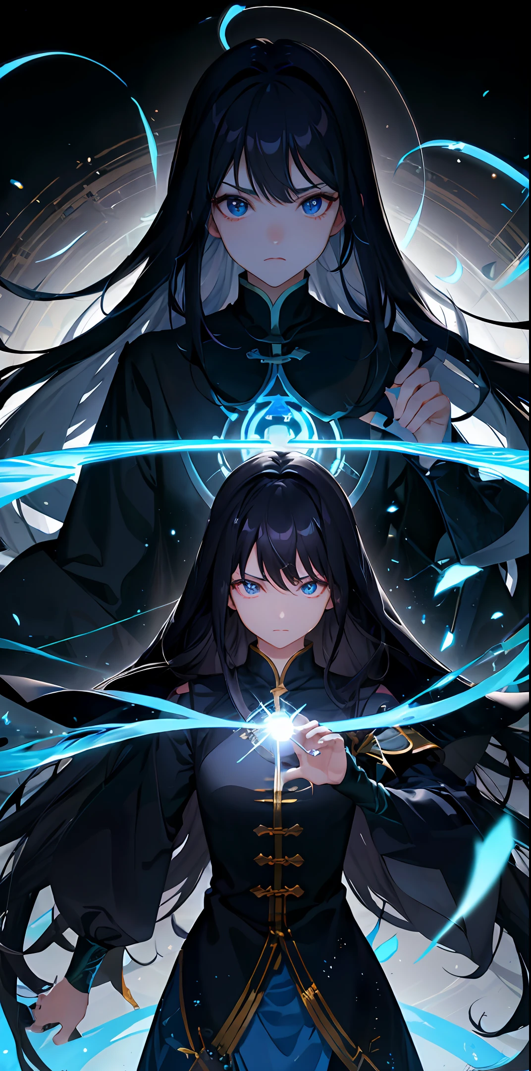 Yujie, long black hair, magic circle, anger, blue light, ultra-detailed