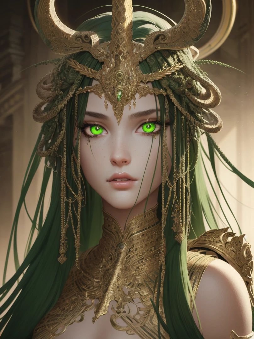 ((best quality)), ((masterpiece)), ((realistic)), Medusa, glowing green eyes, female face, , trending on artstation, sharp focus, studio photo, intricate details, very detailed, nsfw, detailed eyes, illustration, very detailed, sharp focus, digital render, professional, 4k