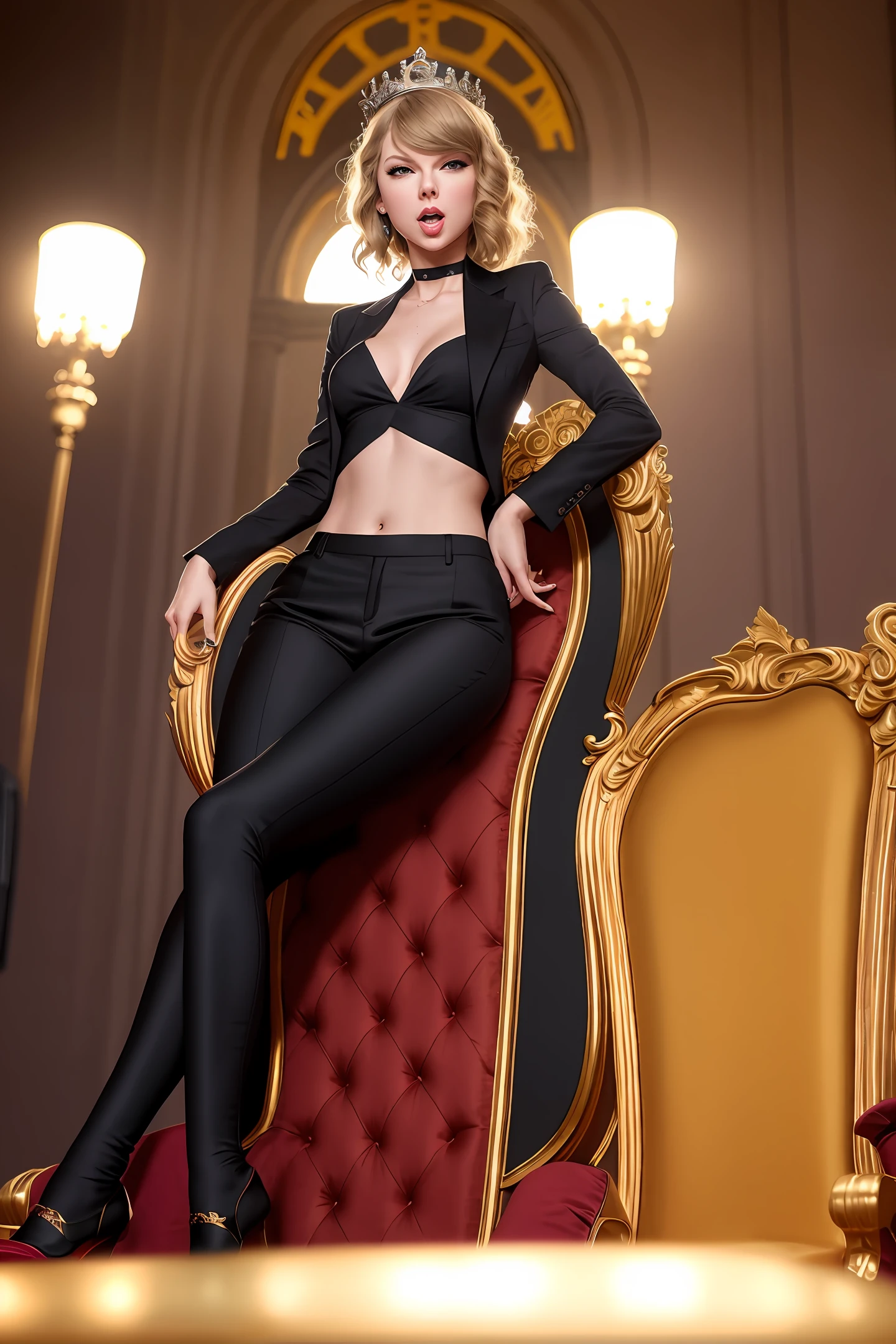 Taylor Swift  in suit and black pants sitting on a throne laughing, midriff exposed, from below, legs crossed, showing feet, dramatic lighting, highest quality, red eyes, evil, Cinematic lighting, toned body, perfect face, looking at viewer, golden throne, detailed background, (detailed skin), [freckles], natural lighting, (direct light:0.4), 8mm film grain, photographed on a Sony a9 II, 24mm lens, F/2.8 aperture, deep focus, (RAW), 8k
