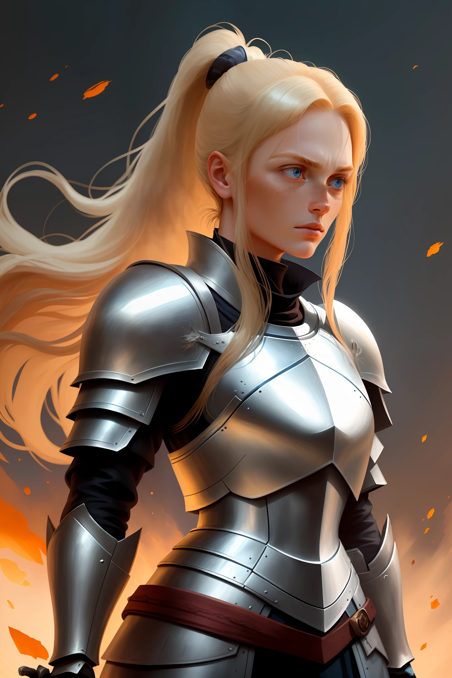 (Irregular distribution of a small number of light-colored freckles on the cheekbones), (heroic facial features), (natural lighting + accentuated background), blue painting style, deep sky, static posture, close-up, highlighting the face of the character.