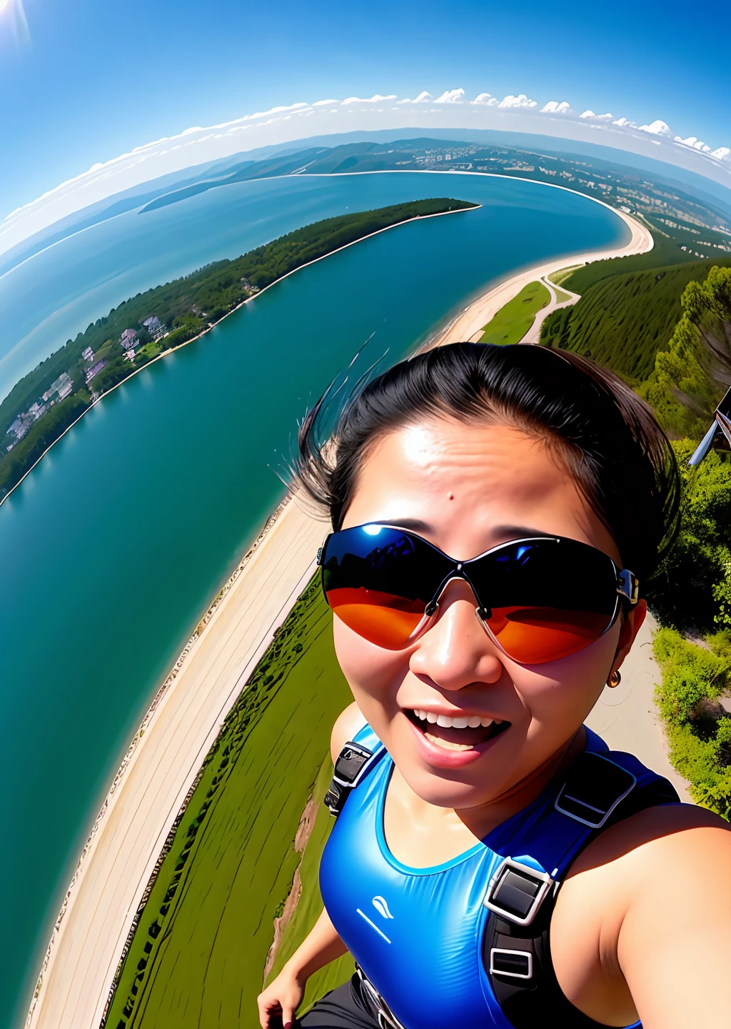 Extreme sports photography, skydiving, falling from high altitude, thrilling, nervous, happy, selfie medium shot, half body shot, old Chinese woman, sky in the background, bird's-eye view of the land, ocean, lake, high texture, realistic effect
