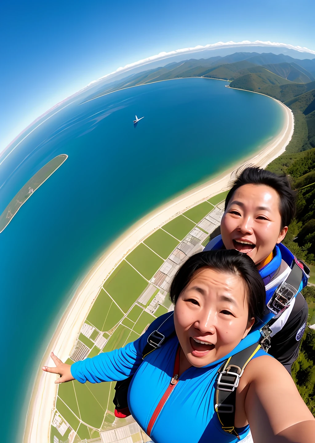 Extreme sports photography, skydiving, falling from high altitude, thrilling, nervous, happy, selfie medium shot, half body shot, old Chinese woman, sky in the background, bird's-eye view of the land, ocean, lake, high texture, realistic effect