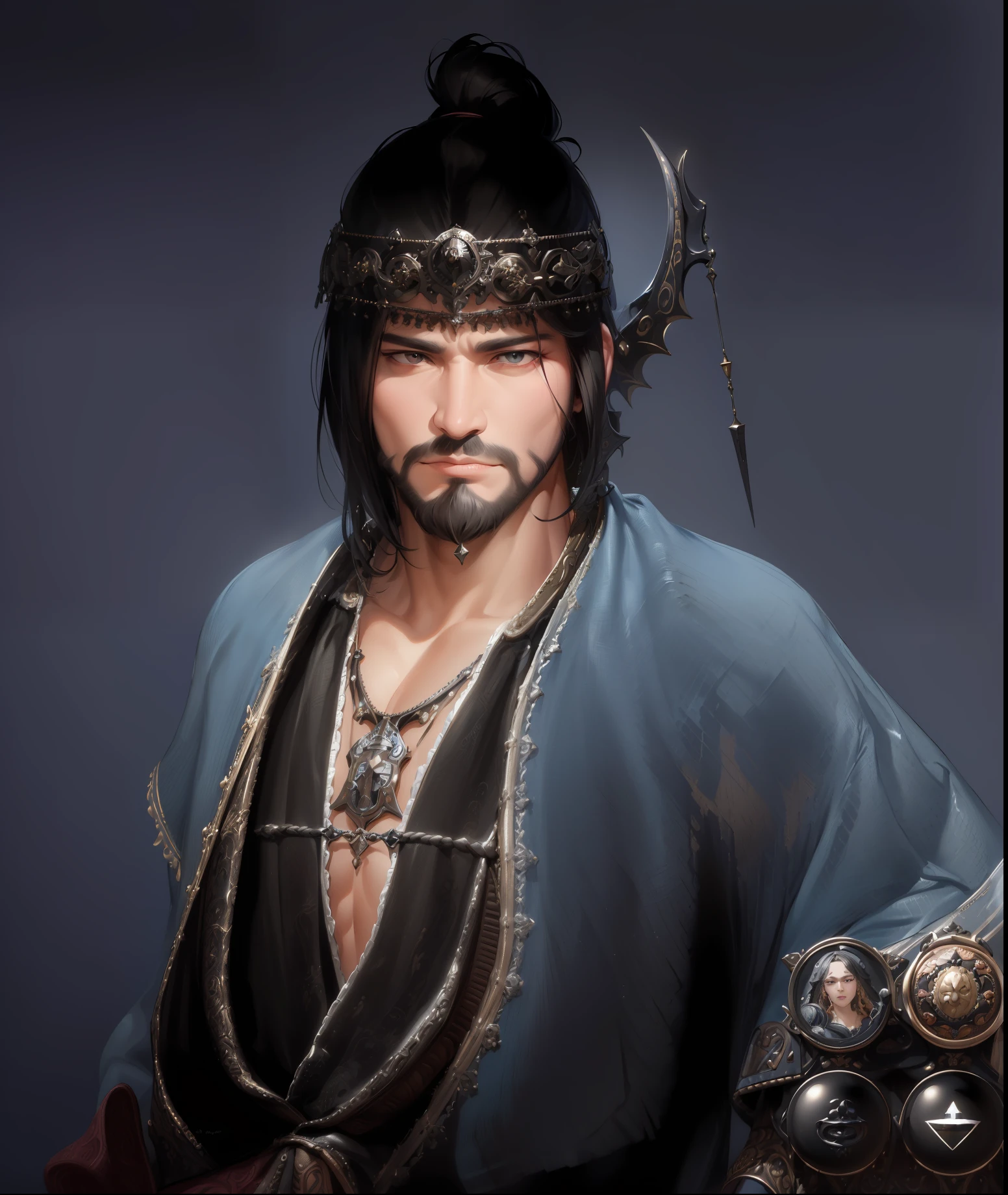 (Best Quality, Masterpiece:1.4), (Realism:1.2), (Realisitc:1.2), (Absurdres:1.2), 4K, Detailed, Ultra-Detailed, Digital Art, Detailed Face, (Hyper-Detailed Eyes:1.2), (Ornate:1.2),
Town, (Renaissance:1.2), Vintage,
Solo, (Male:1.2), (Brutal:1.2), (Face Focus:1.2), (Face Close-Up:1.1),
Black Hair, Long Hair, (Black Beard:1.2),
Armor, (Large Detailed Pauldrons:1.2), Shoulder