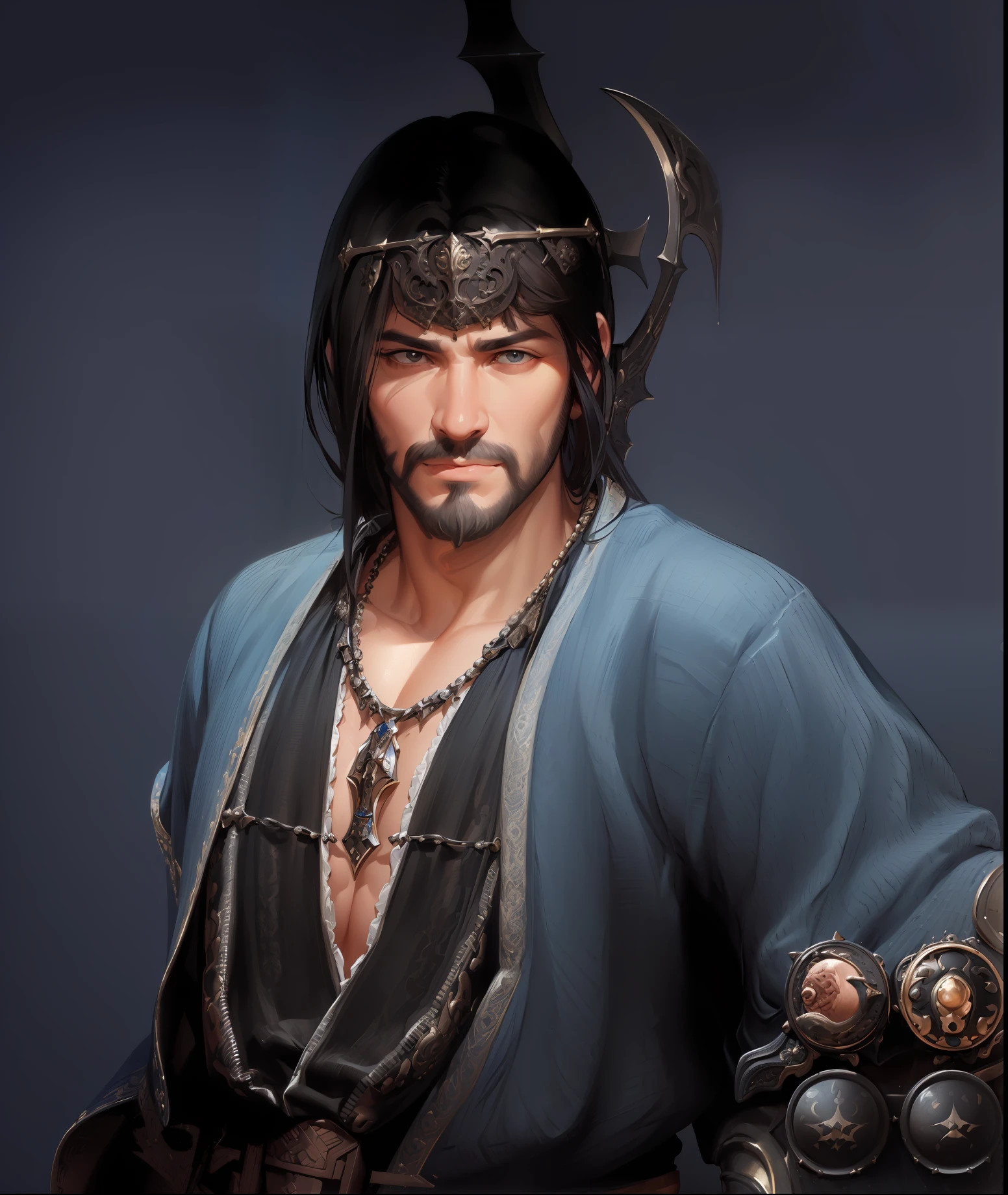 (Best Quality, Masterpiece:1.4), (Realism:1.2), (Realisitc:1.2), (Absurdres:1.2), 4K, Detailed, Ultra-Detailed, Digital Art, Detailed Face, (Hyper-Detailed Eyes:1.2), (Ornate:1.2),
Town, (Renaissance:1.2), Vintage,
Solo, (Male:1.2), (Brutal:1.2), (Face Focus:1.2), (Face Close-Up:1.1),
Black Hair, Long Hair, (Black Beard:1.2),
Armor, (Large Detailed Pauldrons:1.2), Shoulder