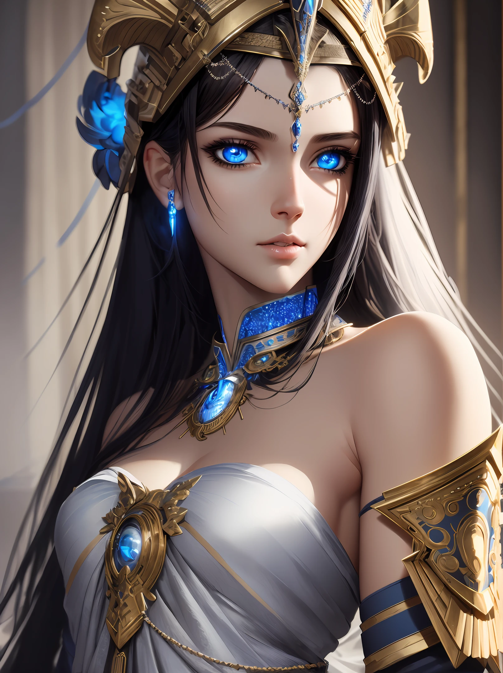 ((best quality)), ((masterpiece)), ((realistic)), Athena, glowing blue eyes, female face, , trending on artstation, sharp focus, studio photo, intricate details, very detailed, nsfw, detailed eyes, illustration, very detailed, sharp focus, digital render, professional, 4k