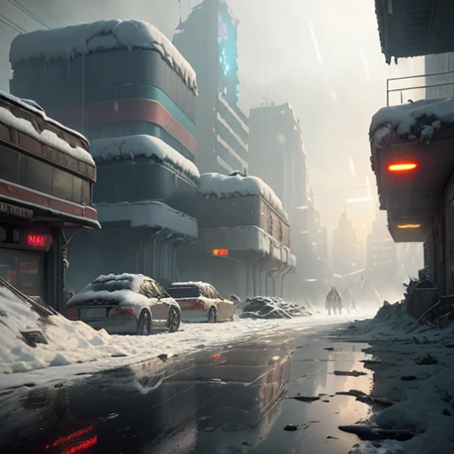 destroyed cyberpunk dystopian city, snowing, sunny, hyper realistic, garbage everywhere, sci-fi, clustered