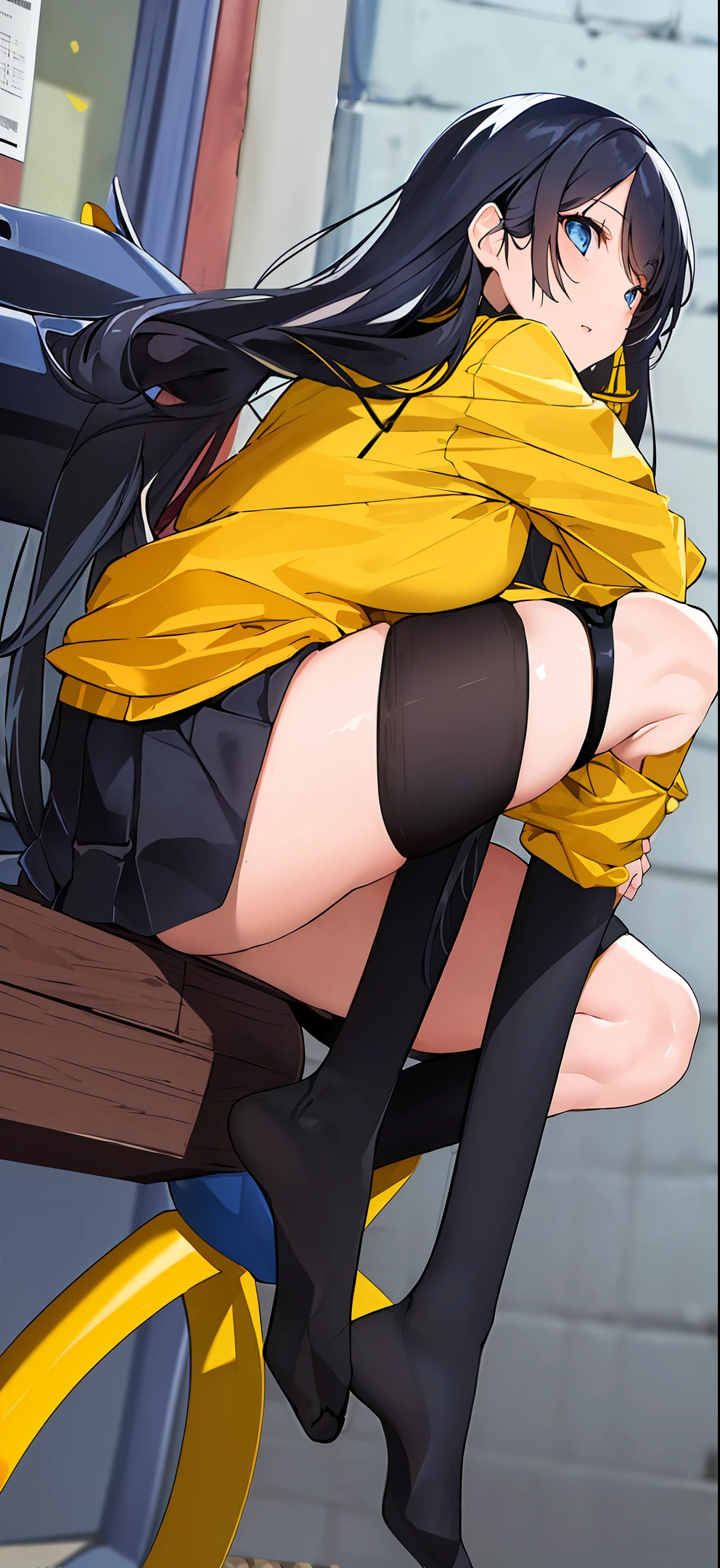 Masterpiece, best, 1 girl, long black hair, blue eyes, , yellow shirt, long stockings