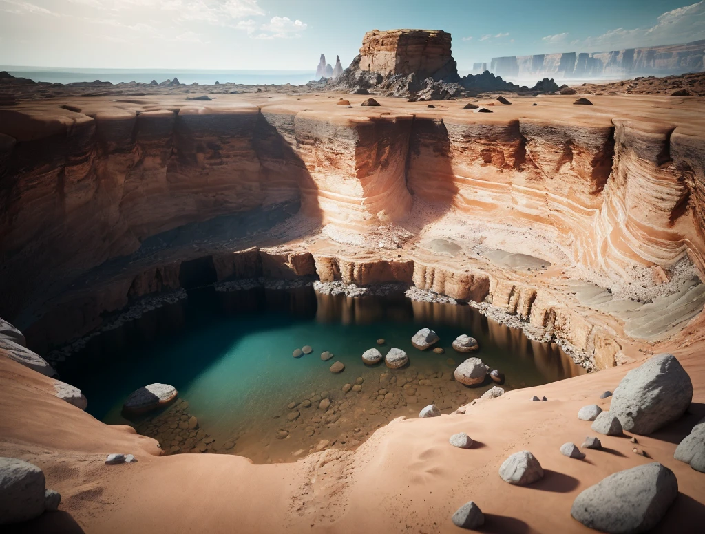 photorealistic shot from first person horizont of digged a big hole in the natural rocky terrain, small minners inside, masterpiece, ultra high res, (photorealistic:1.4), cinema lighting, insanely detailed, hyper realistic, intricate design, fine details, octane render