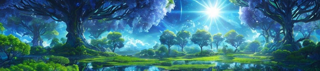 Illustration of a surreal, otherworldly, hyper sky scene including a giant crystal tree full body, highly detailed and magical lighting, intricate forest details, vegetation and surrounding river, solar punk, landscape, giant tree , beautiful green leaves, beautiful lighting and realistic proportions, as if this is a movie background, 8k, highest quality, masterpiece, clouds and stars in the sky.