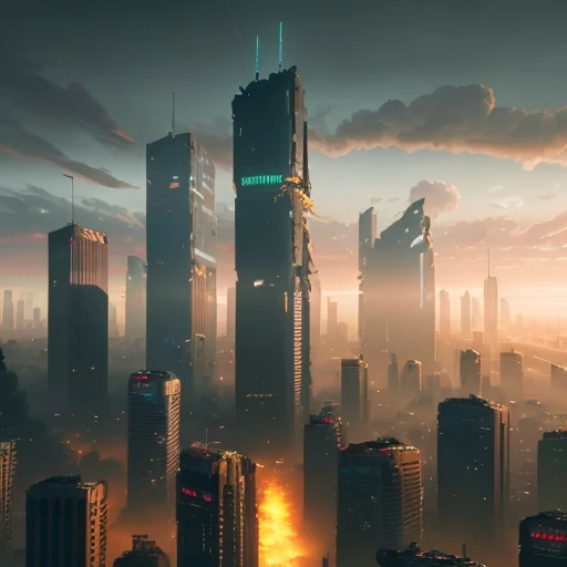 cyberpunk dystopian city during a zombie apocalypse, destroyed, sunny weather, tall destroyed buildings, dark, apocalypse, hyper realistic, winter