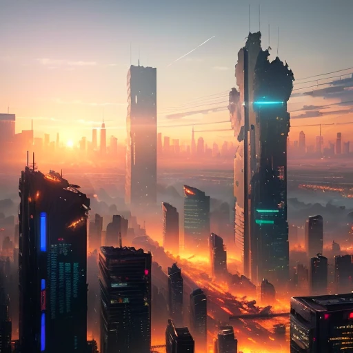 (extremely detailed, ultra-realistic cyberpunk dystopian city, best quality, masterpiece),(sunny weather, dark, apocalypse, winter),(height of the tall destroyed buildings, surrounding with zombies, destroyed walls and billboards, gorgeous sunset, depth of field, volumetric light).