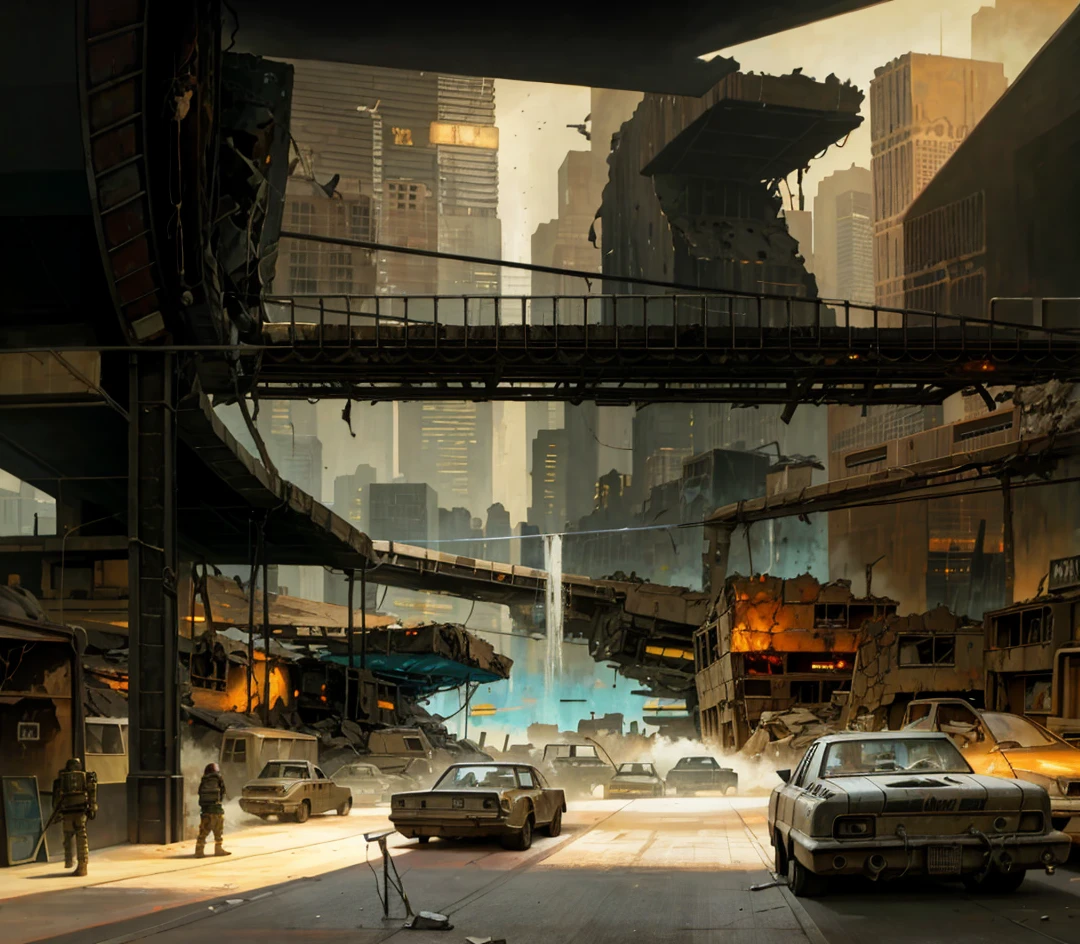 Post Apocalyptic, Retro Futuristic City, Wartorn landscape. (Destruction), (Craters), (Abandoned cars). Diesel Punk Setting, Haunting War-torn, Oil Painting, Jakub Różalski, Pixiv, Artstation.